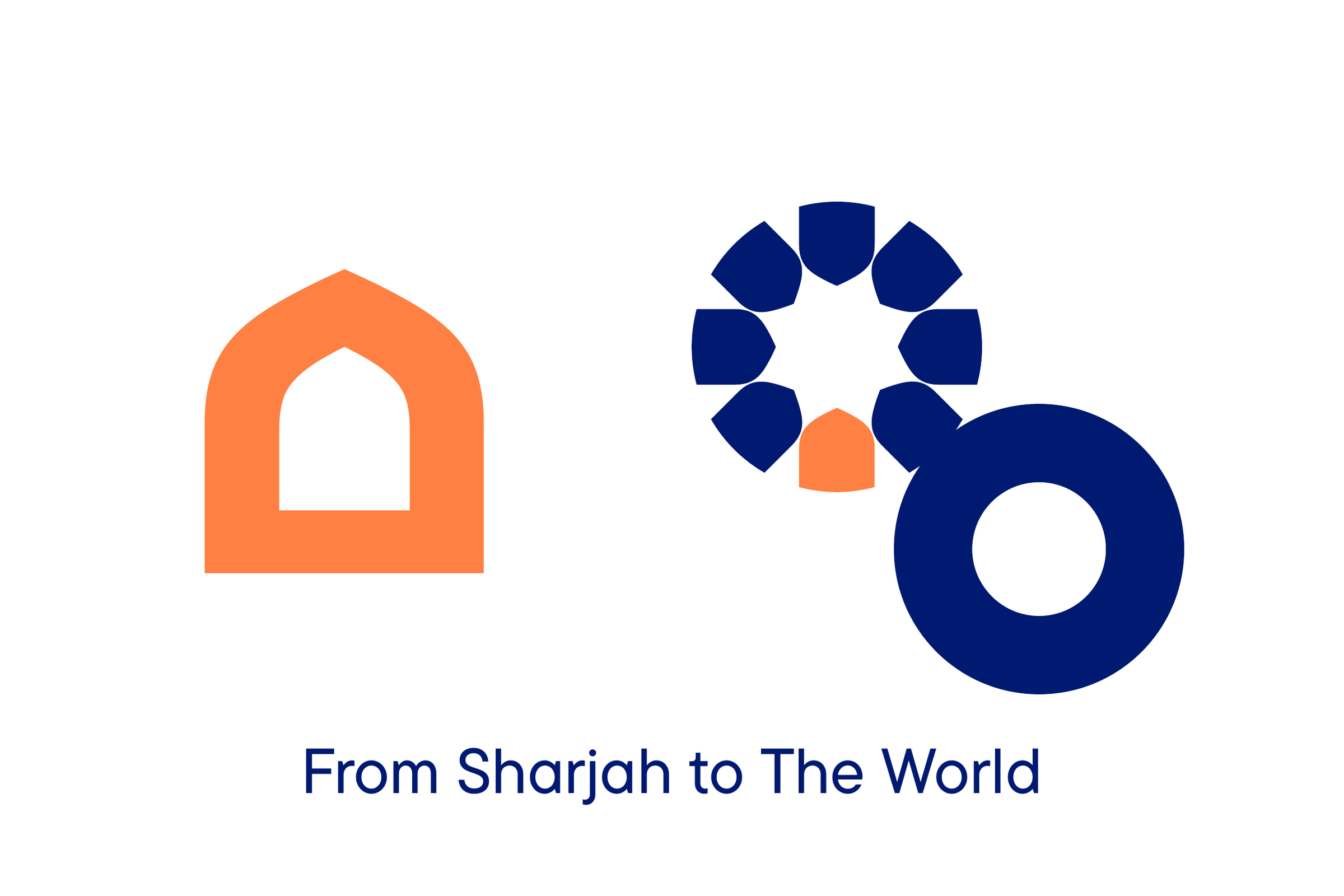 An orange pointed arch on white beside the navy emblem, whose lowest petal is the same arch in orange, above the line From Sharjah to The World.