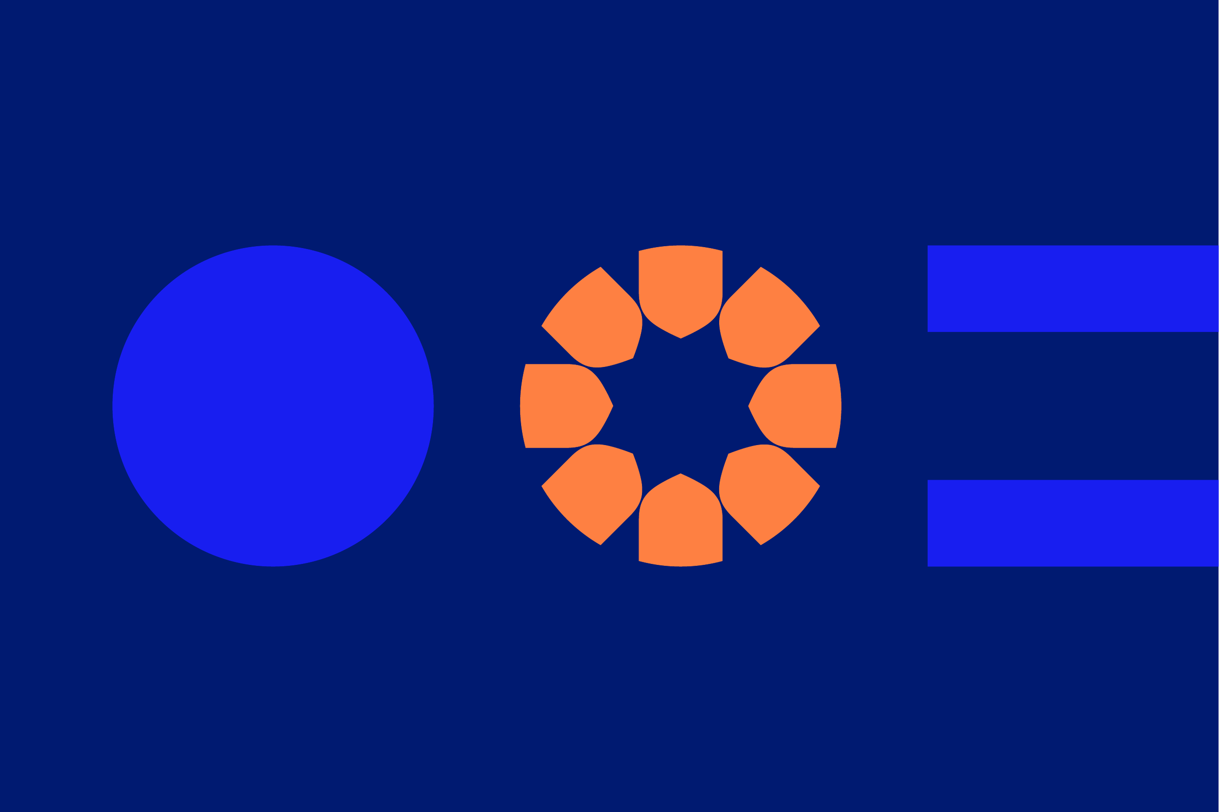 A blue circle, an orange petal burst and two blue bars on navy.