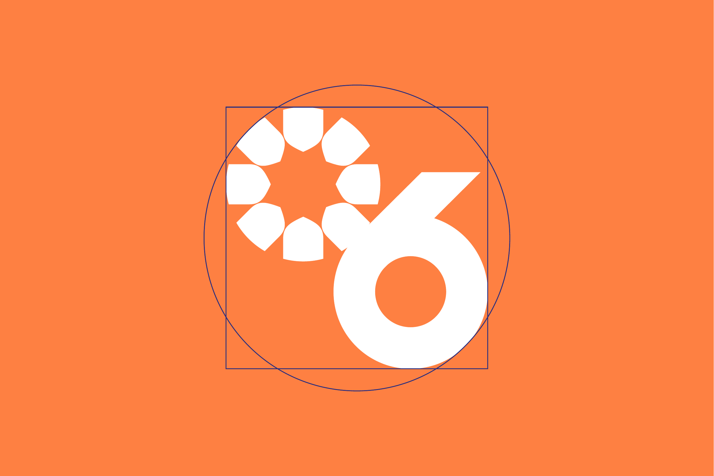 The emblem in white on orange, inside a construction square and circle drawn in thin navy lines.