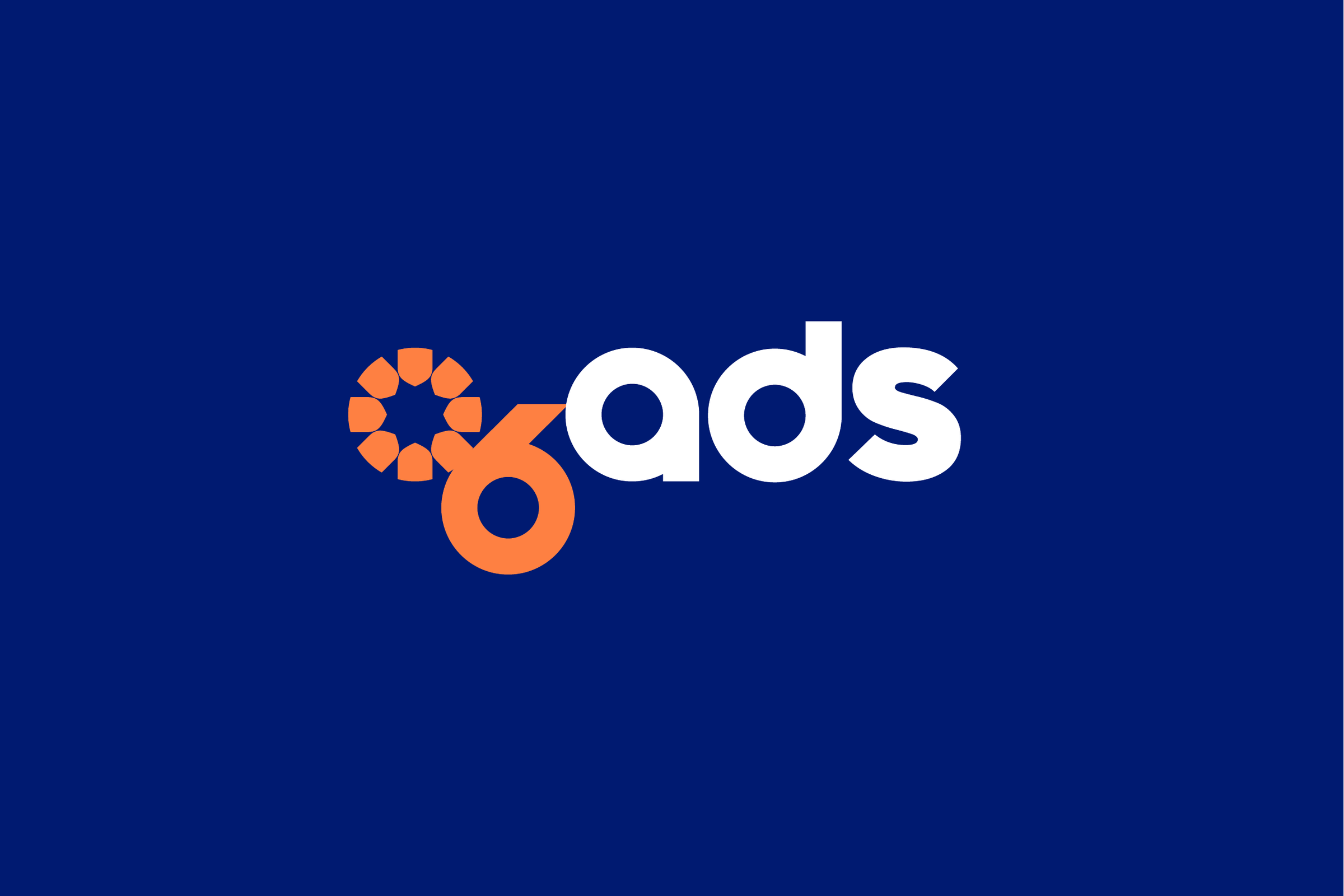 The logo on navy: the orange emblem followed by ads in white.