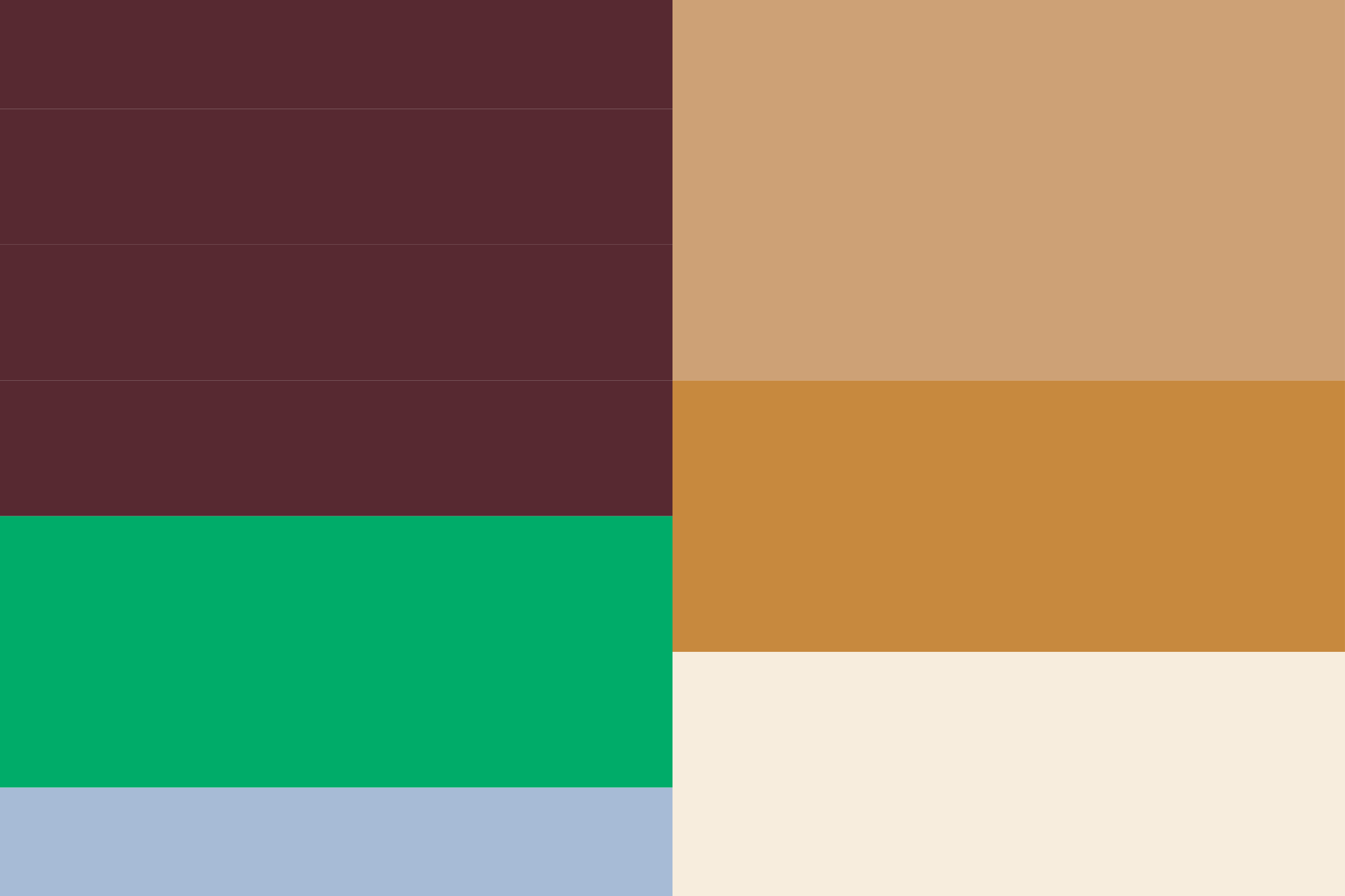 Colour blocks of maroon, clay, ochre, cream, green and pale blue.