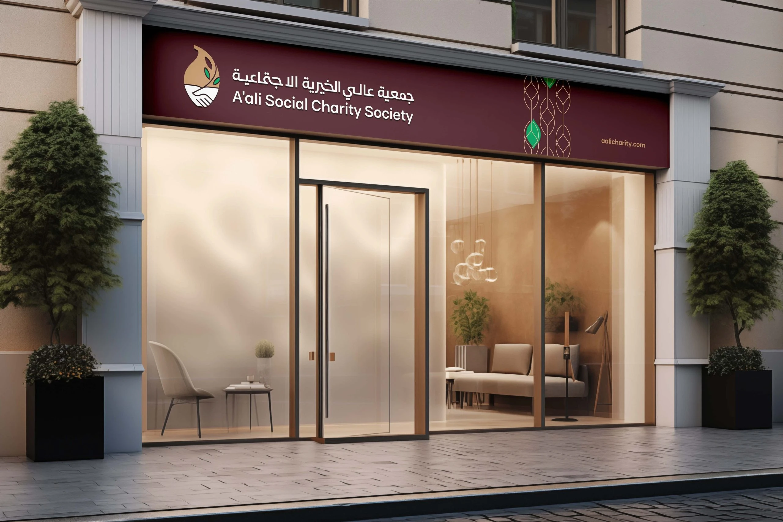 The society’s glass front under a maroon fascia carrying the emblem and the Arabic and English names, with potted trees either side.