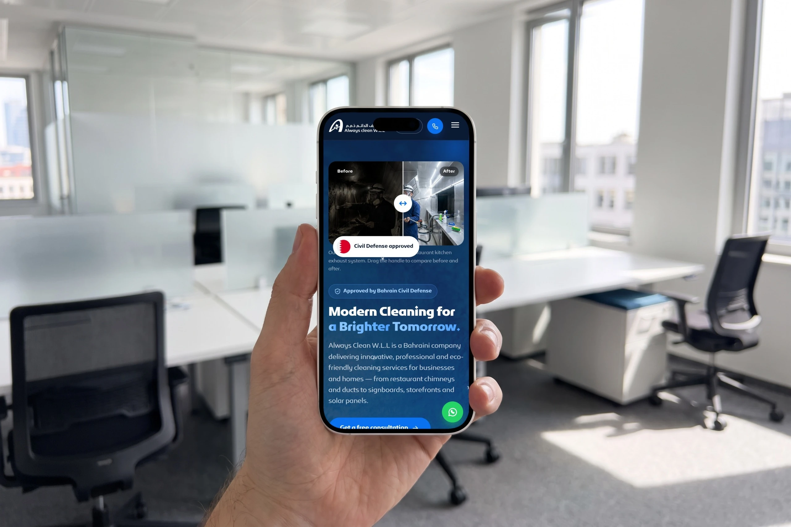 A hand holding an iPhone showing the home page: the before-and-after slider above the headline Modern Cleaning for a Brighter Tomorrow.