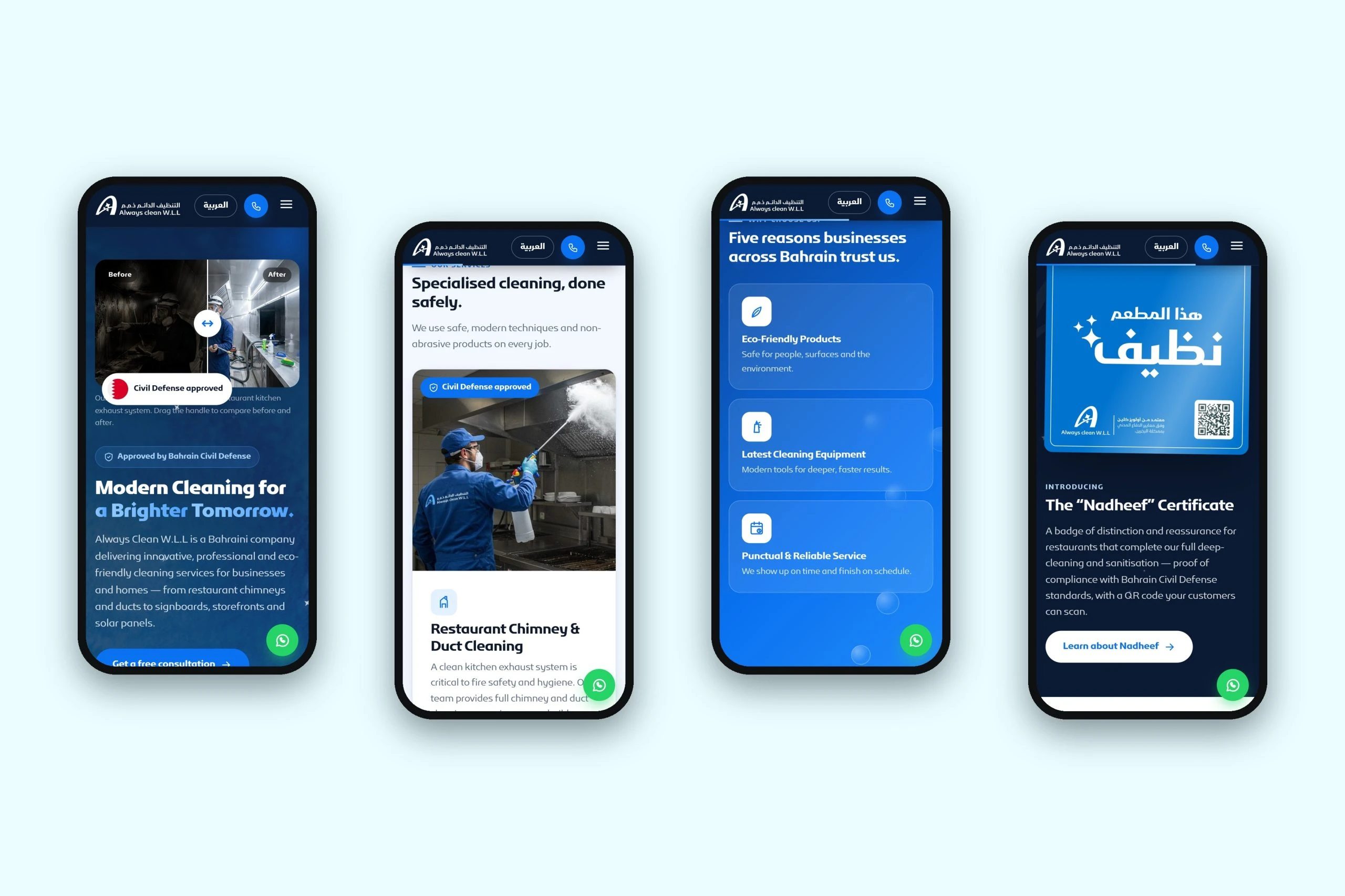 Four phone screens of the site: the before-and-after slider and headline, the services, the five reasons and the Nadheef certificate.