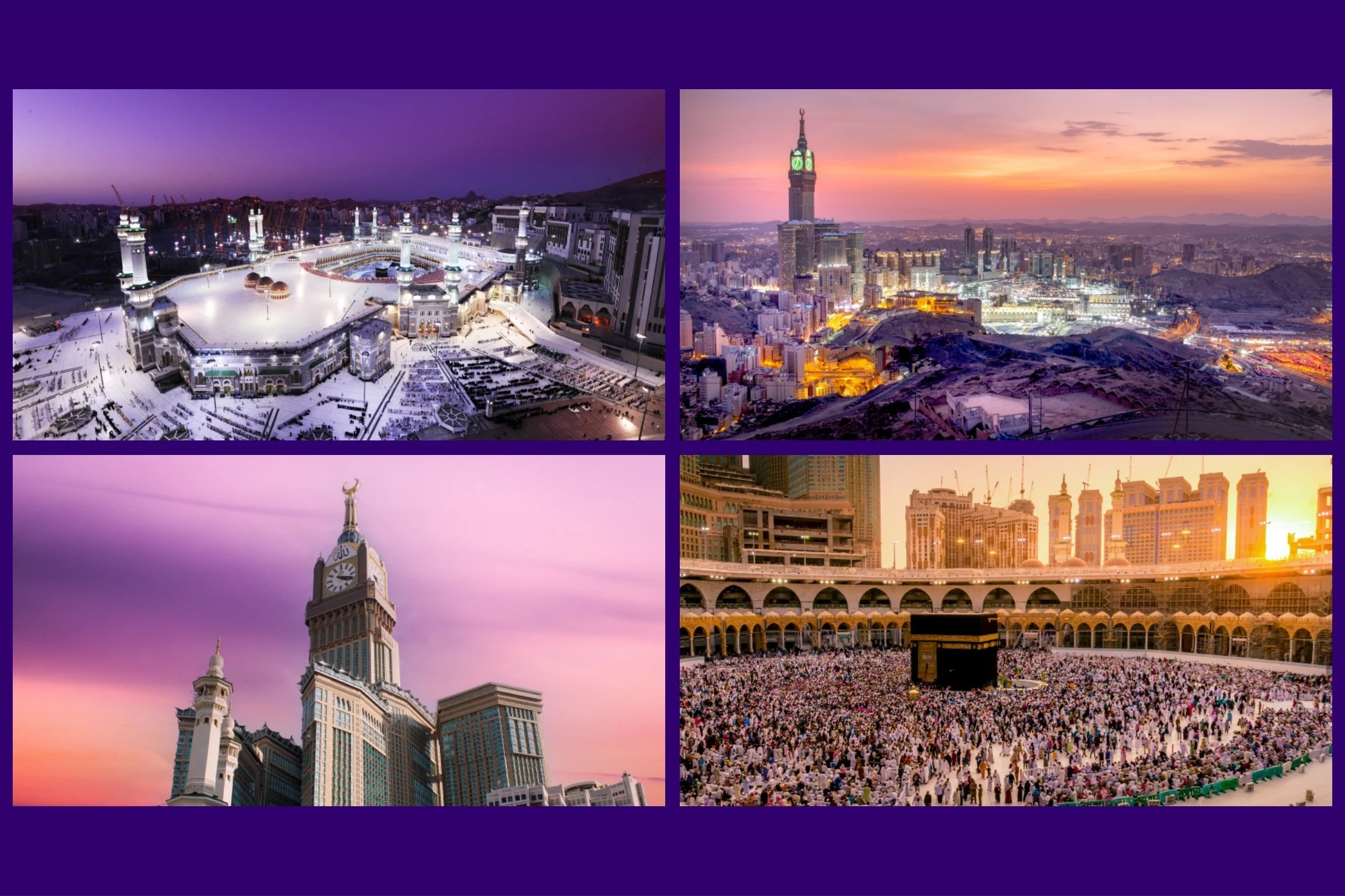 Four photographs of Makkah at dusk and at night: the Grand Mosque from above, the clock tower, and pilgrims around the Kaaba.