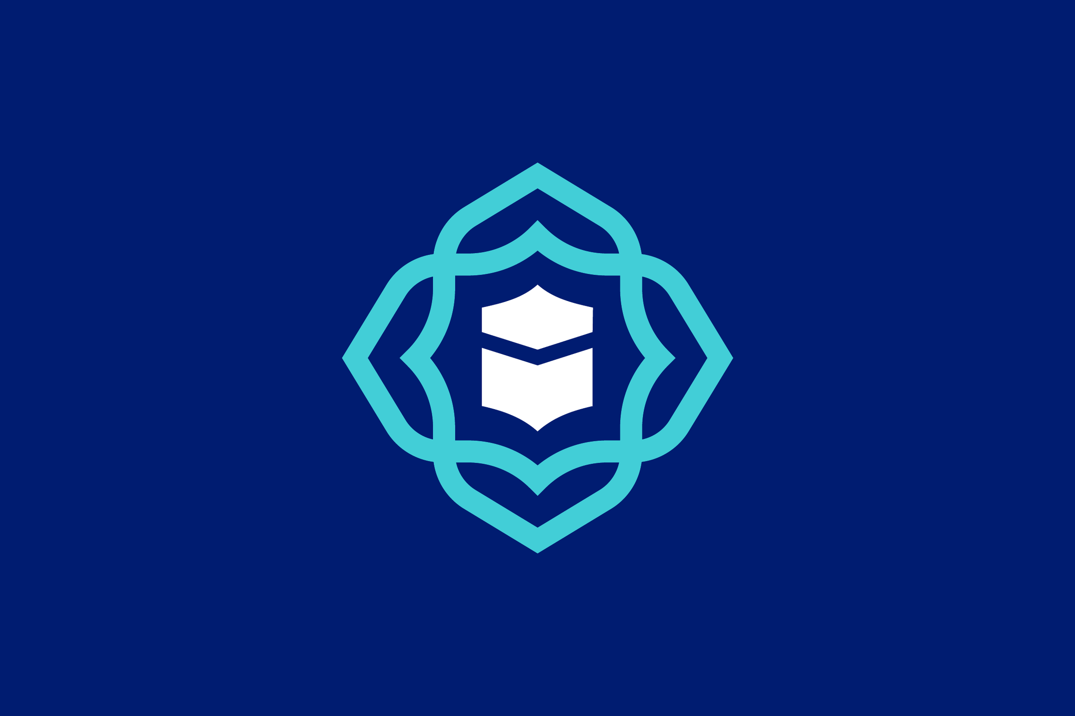The emblem in teal and white on navy: two interlaced bands, pointed outside and arched inside, around a white Kaaba seen from one corner.