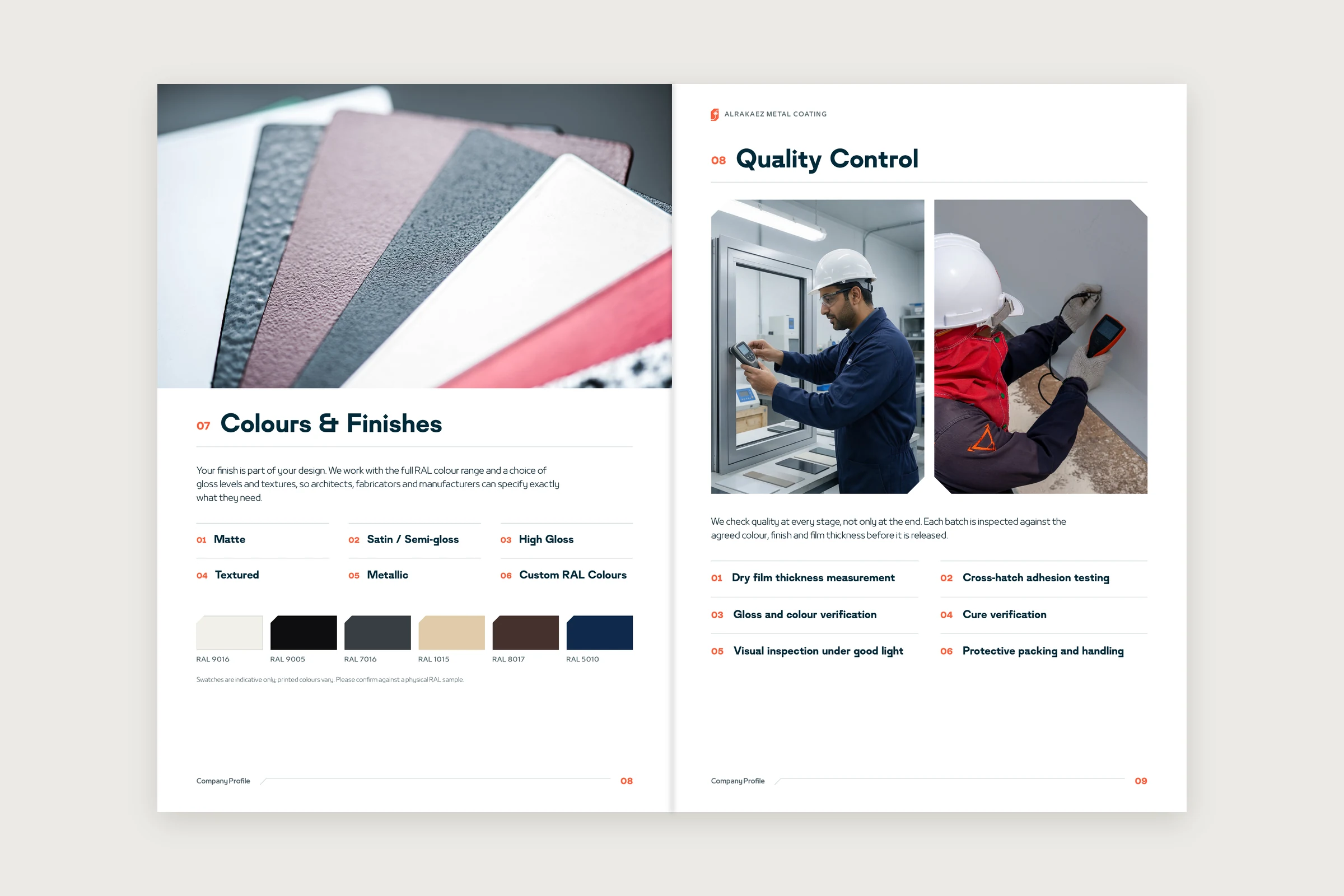 Pages 08 and 09: Colours & Finishes with six finishes and six RAL colour chips, and Quality Control with two photographs and six checks.