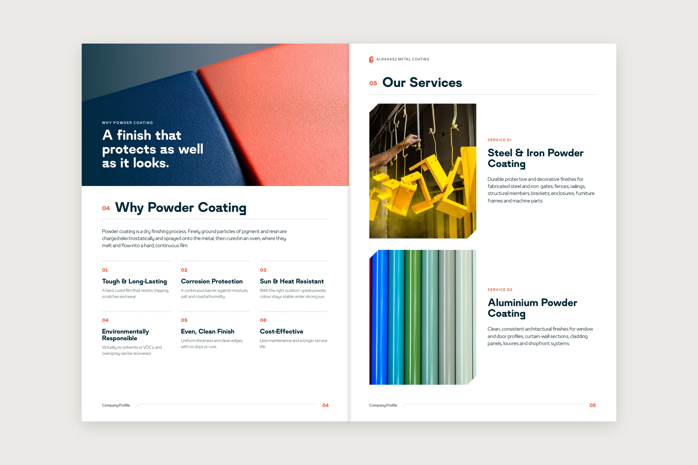Pages 04 and 05: Why Powder Coating, headed A finish that protects as well as it looks, with six benefits, and Our Services with steel and iron powder coating and aluminium powder coating.