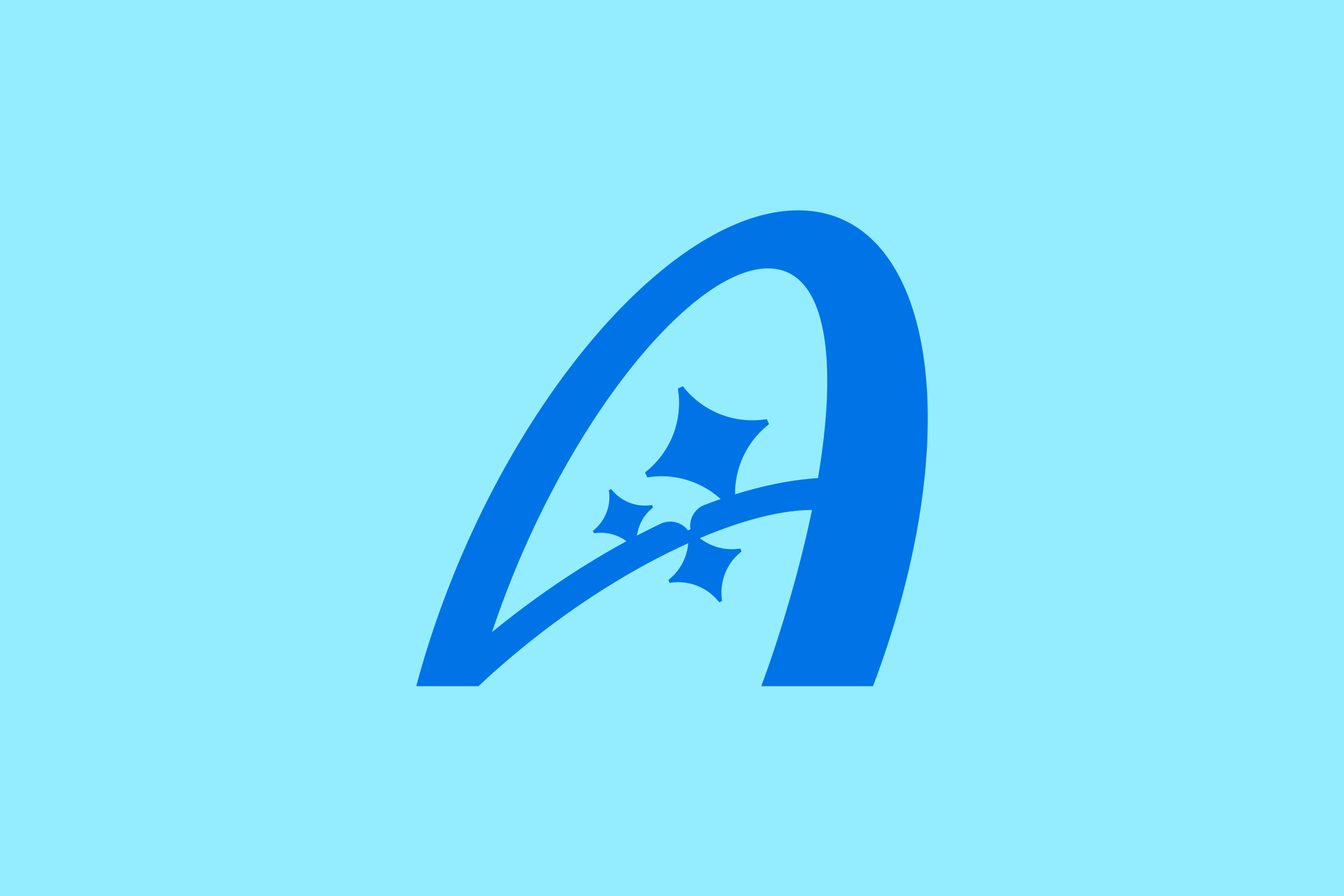 Logo construction: the monogram in azure on light blue, an arched A whose sweeping crossbar carries three sparkles.