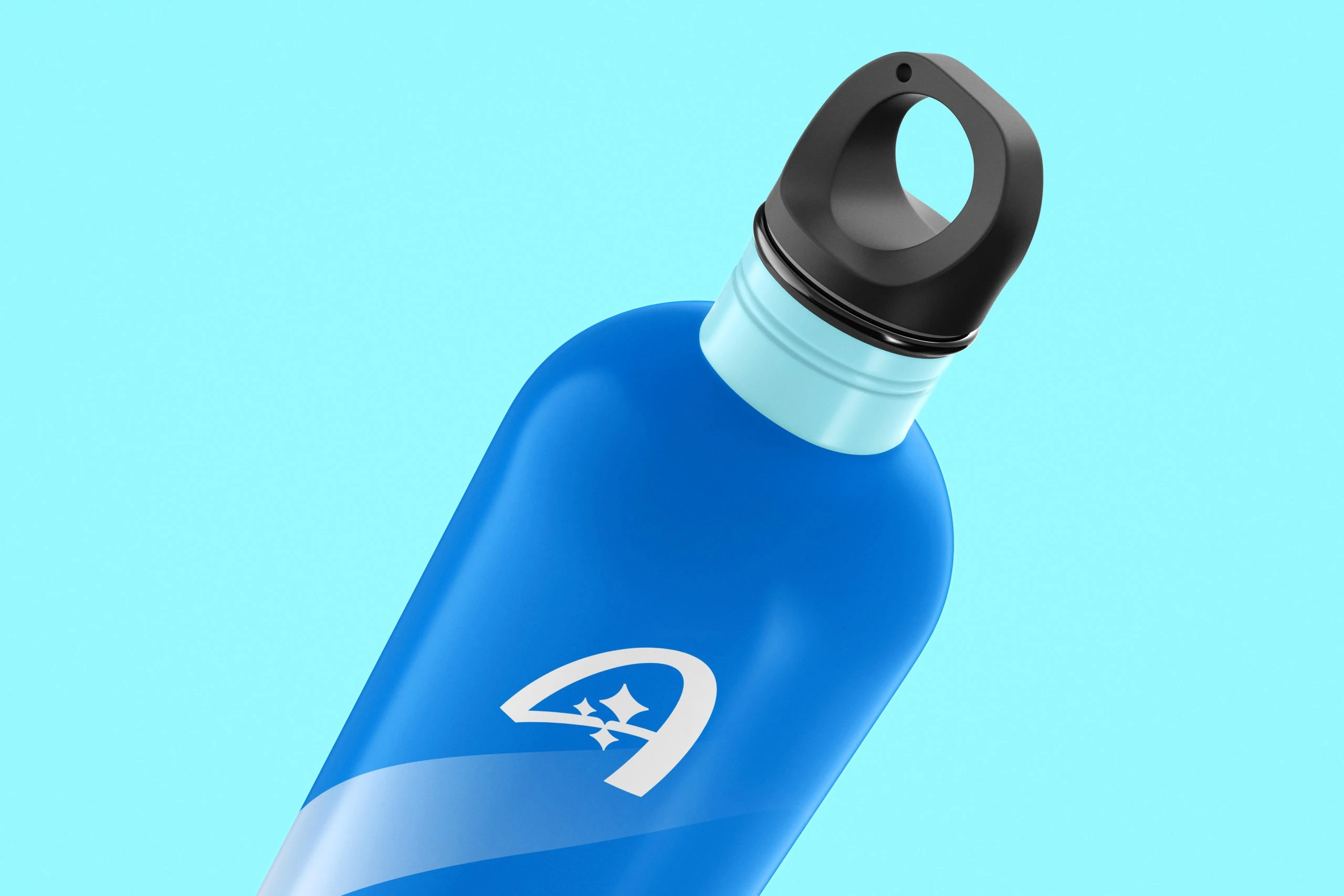 A blue steel bottle with a black cap and the white monogram, on light blue.