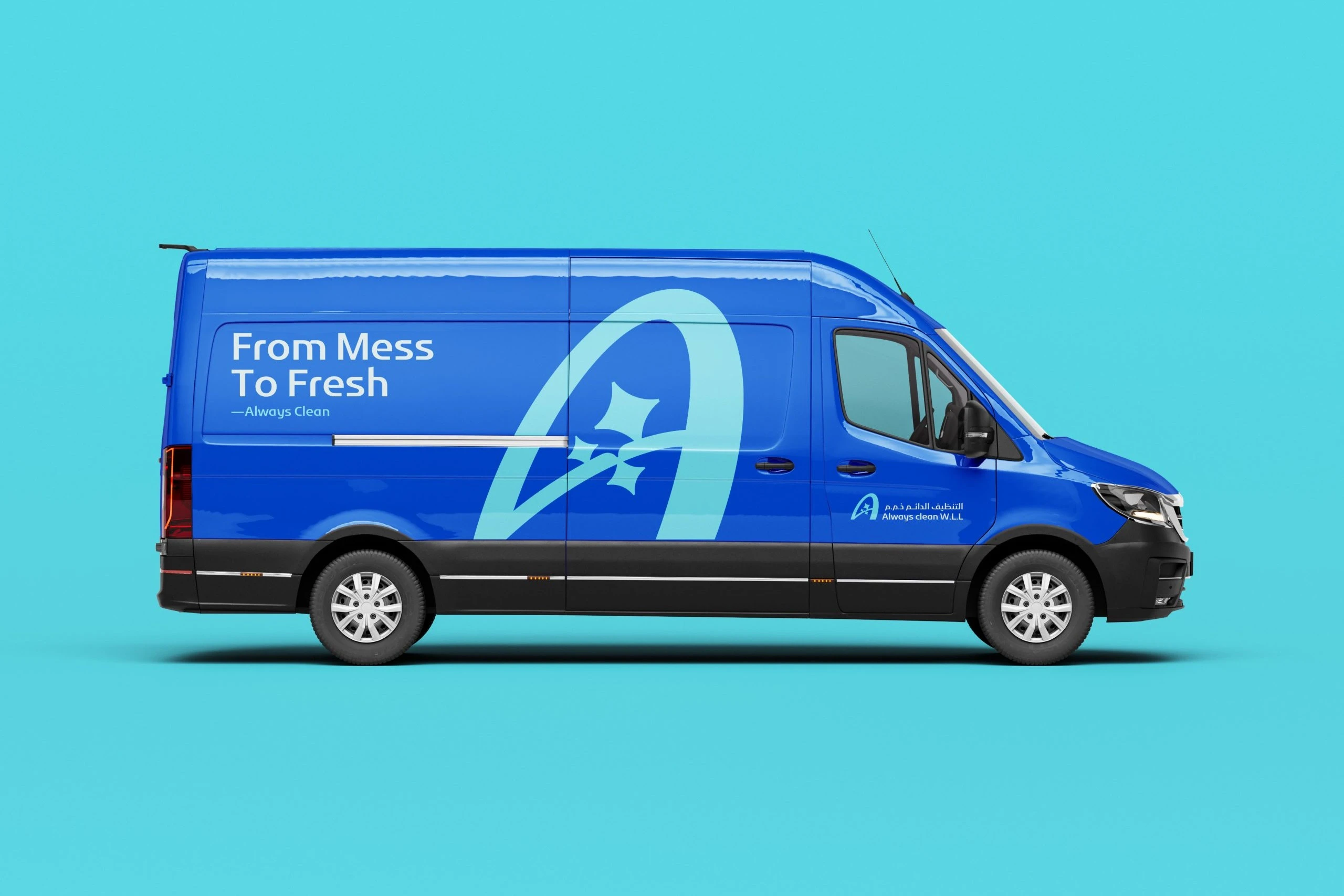 A blue Always Clean van on a turquoise background, with a large light blue monogram, the line From Mess To Fresh and the logo by the door.