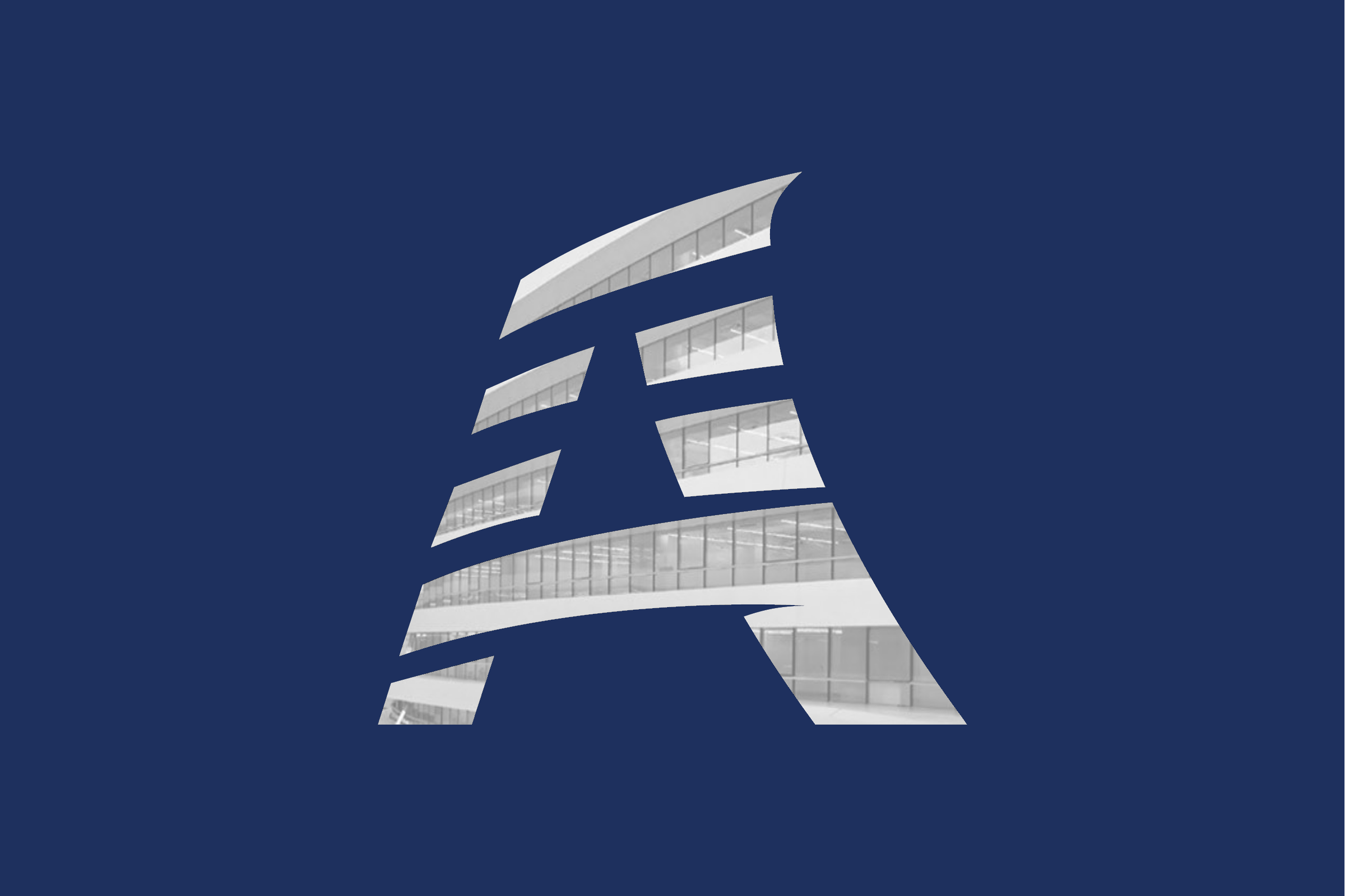 The emblem on navy, an A built from slanted bands with a long curved crossbar, each band cut from a photograph of white floors and glass.