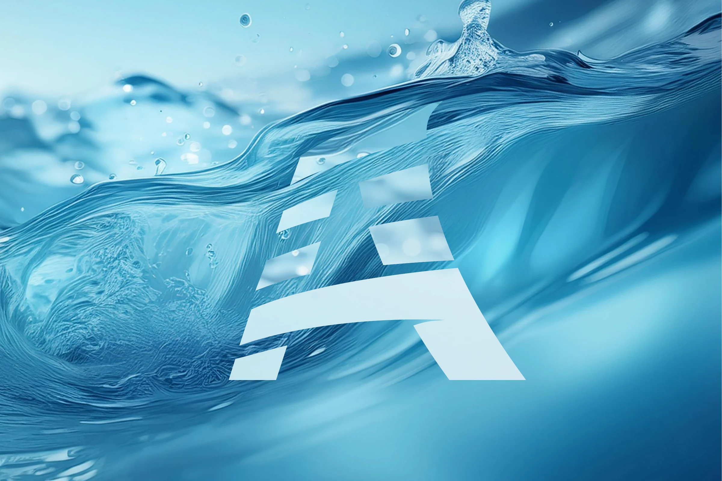 The emblem in pale blue-white over a photograph of a breaking wave in clear blue water.