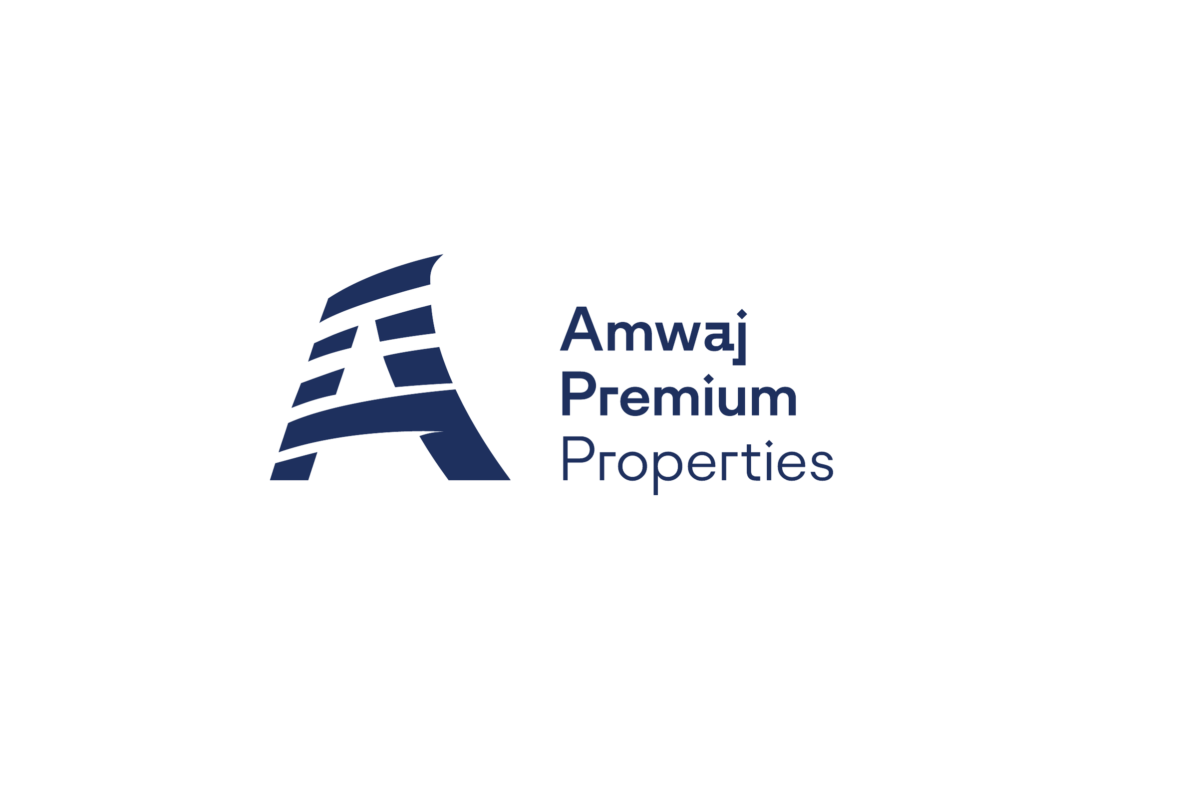 The navy emblem on white beside Amwaj Premium Properties on three lines, the last line in a lighter weight.