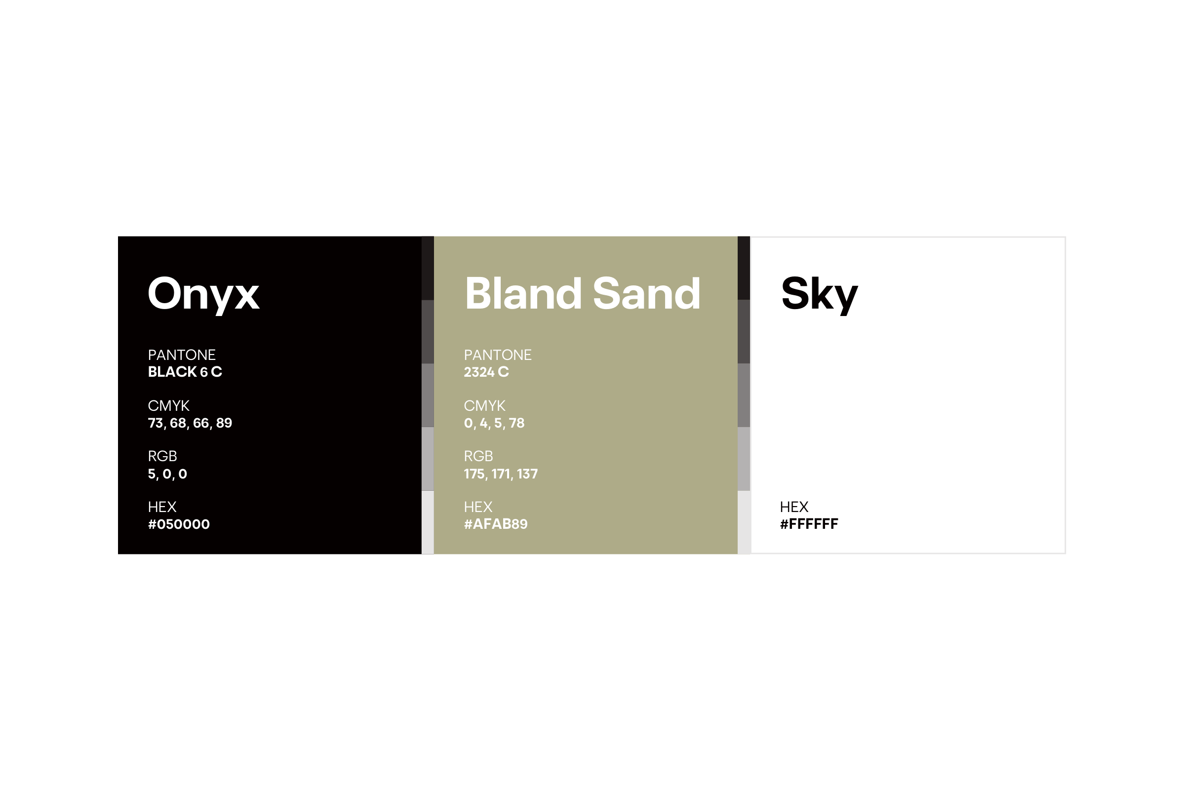 Secondary palette: Onyx black, Bland Sand, a greyish khaki, and Sky white, with their values.