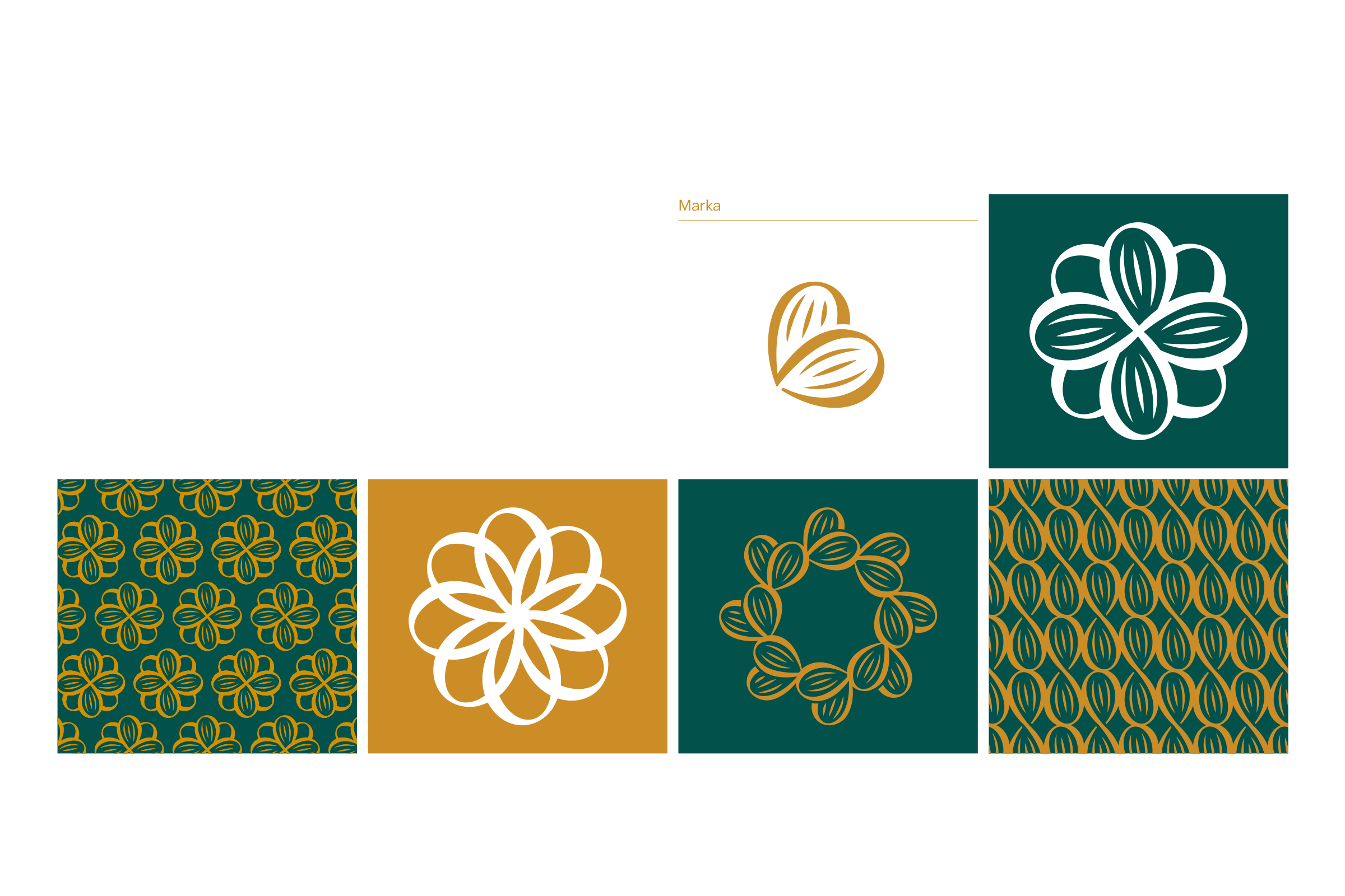 The almond icon and the patterns made from it: a four-almond flower, a ring of almonds, a flower of overlapping almonds and two all-over repeats, in green, gold and white.