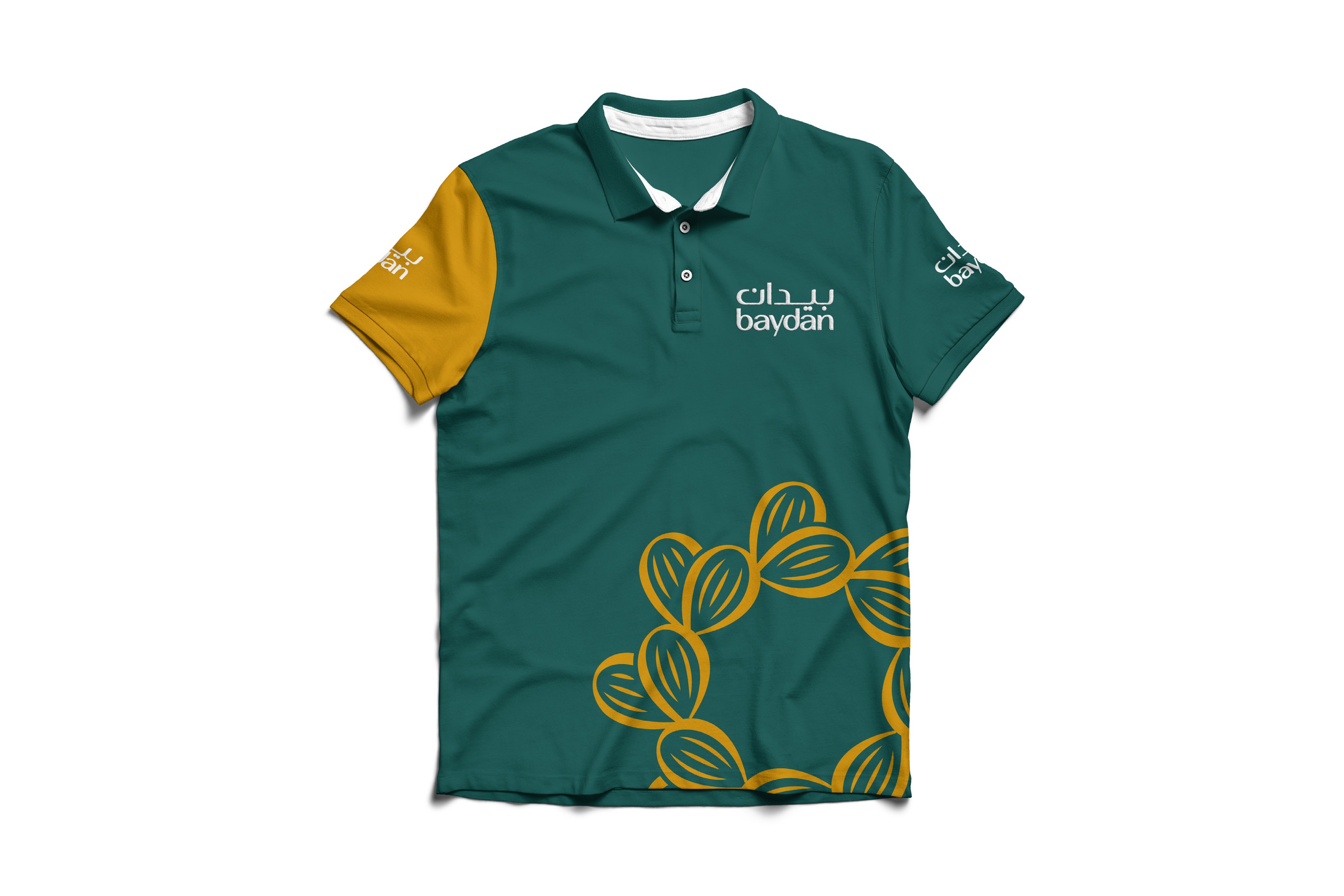 A green polo shirt with gold sleeves, the logo in white on the chest and gold almonds across the hem.