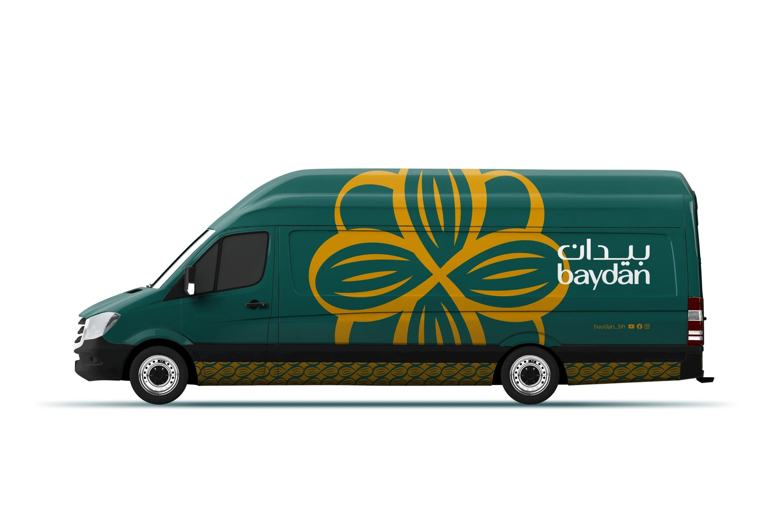 A green delivery van with a large gold almond flower and the logo in white on its side.