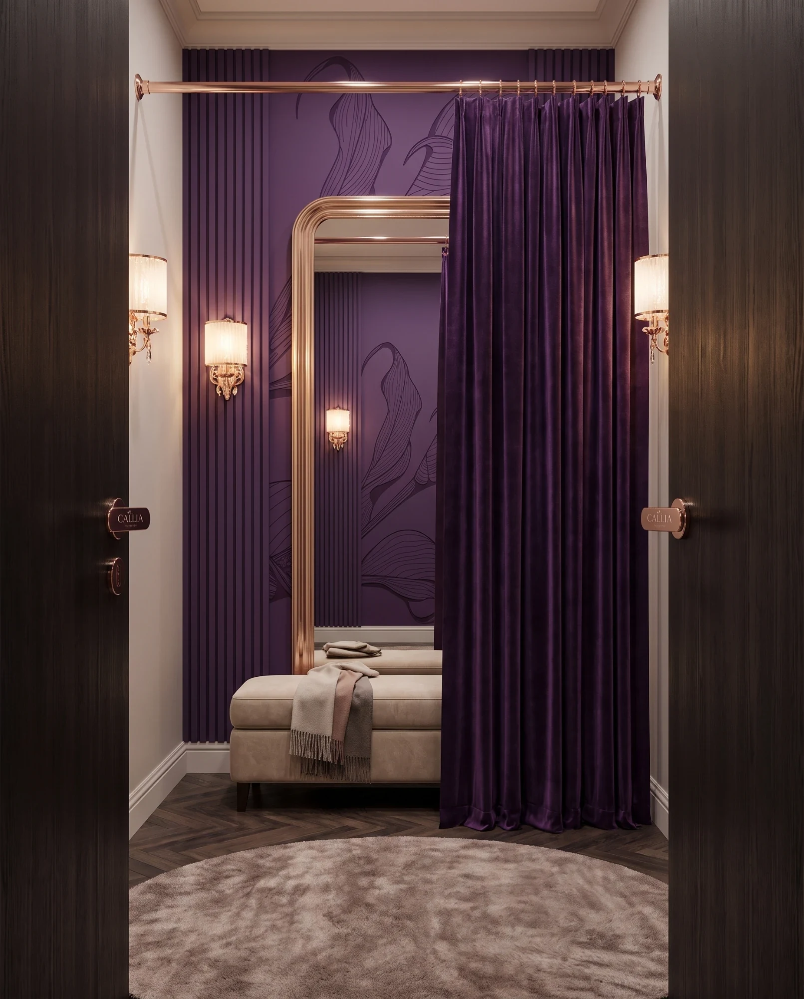 A fitting room behind open dark-wood doors with rose-gold handle plates: a plum wall carved with lilies, a tall rose-gold mirror, a plum velvet curtain, a cream bench and a round rug.