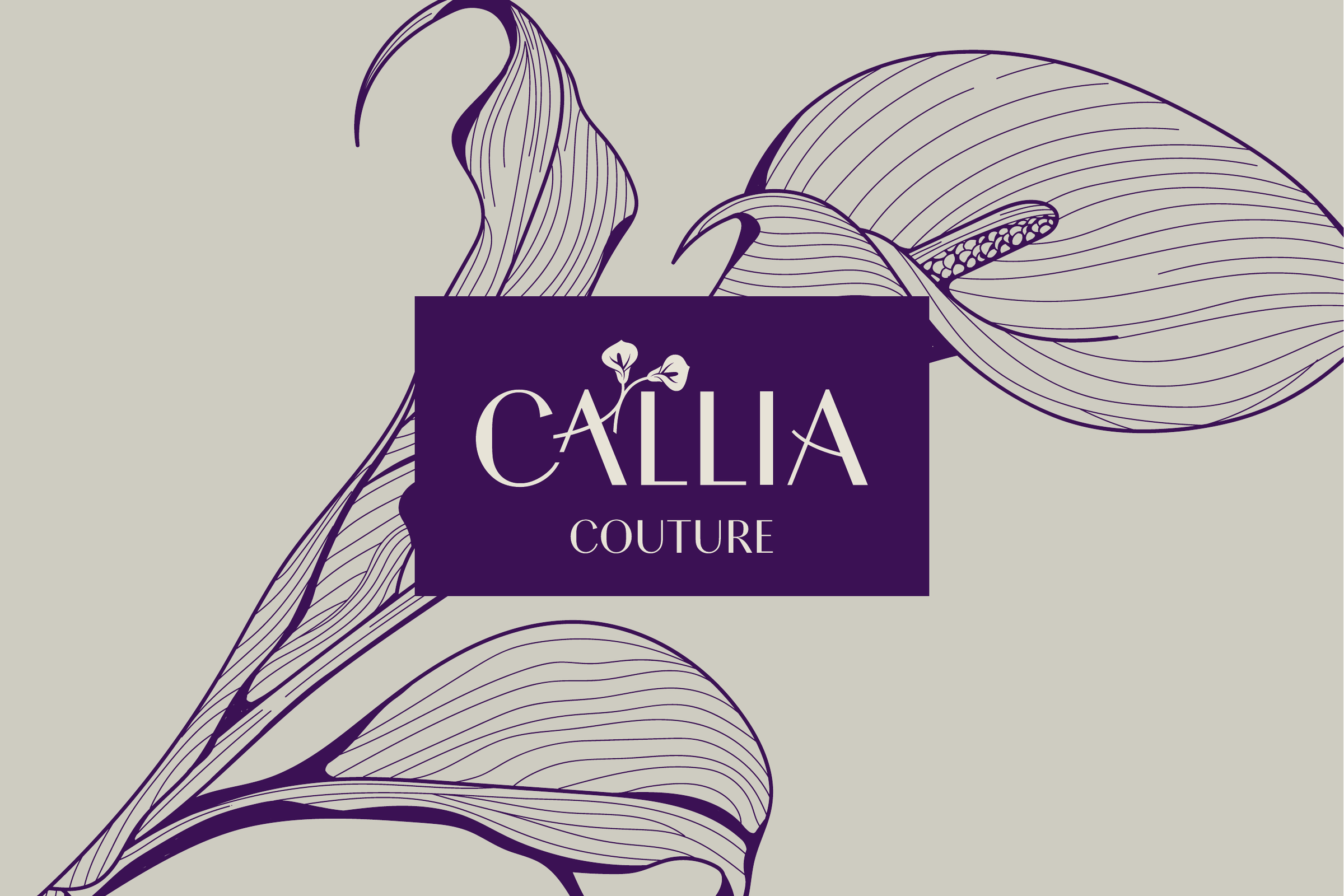 A line drawing of calla lilies in plum on pale grey, with the logo reversed out of a plum plate in the middle.