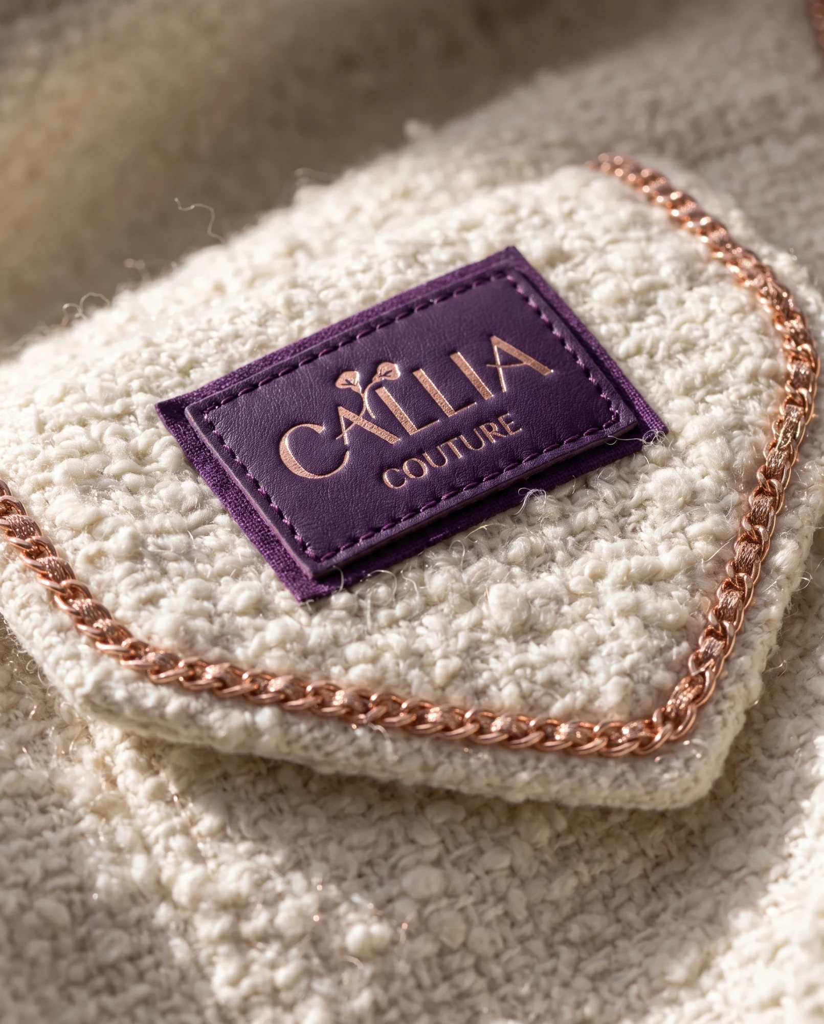 A plum leather patch stamped with the logo in rose gold, on a cream bouclé pocket edged with a rose-gold chain.