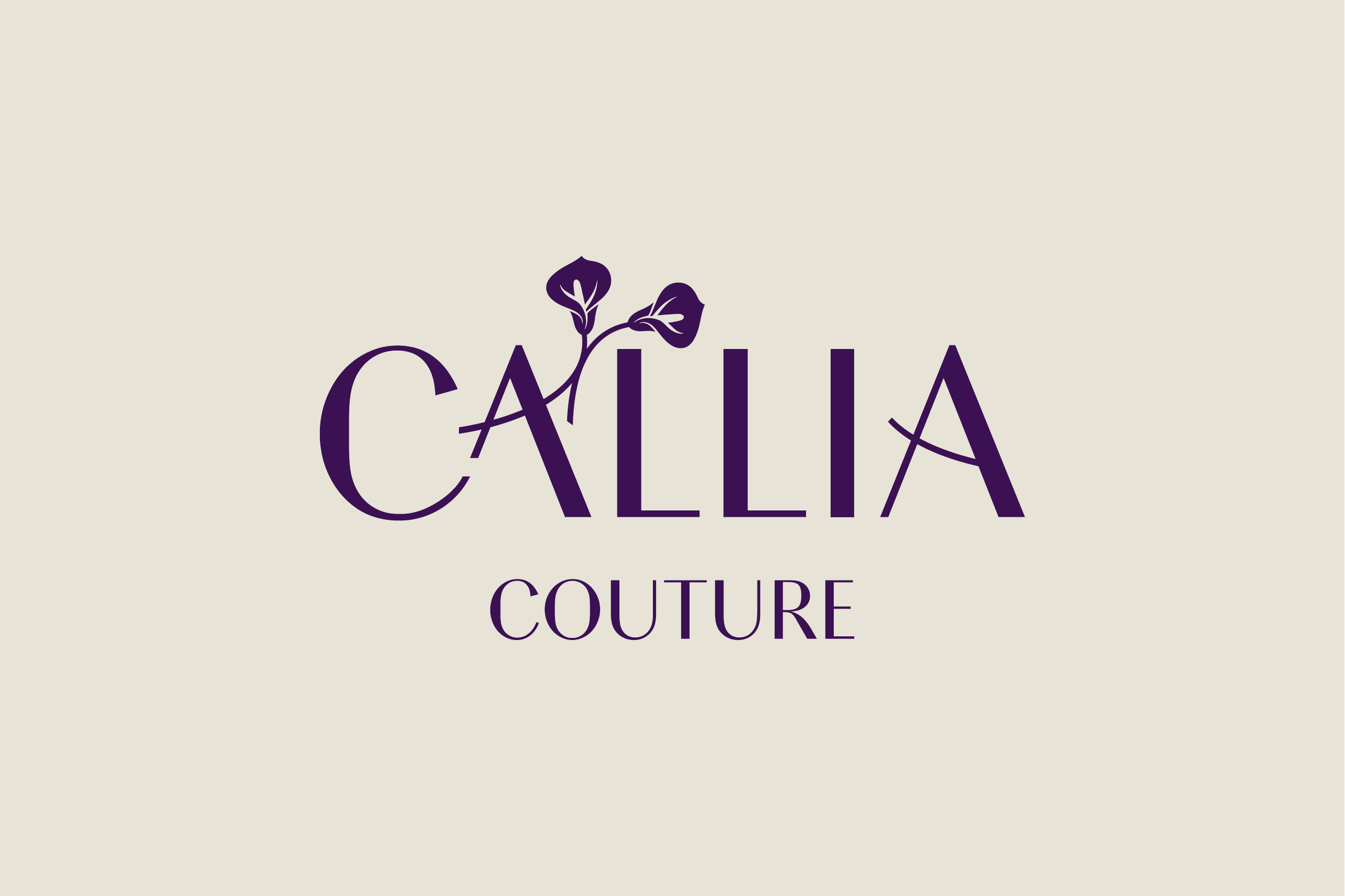 The logo in plum on cream: CALLIA with two calla lilies rising from the crossbar of the first A, over COUTURE in spaced capitals.