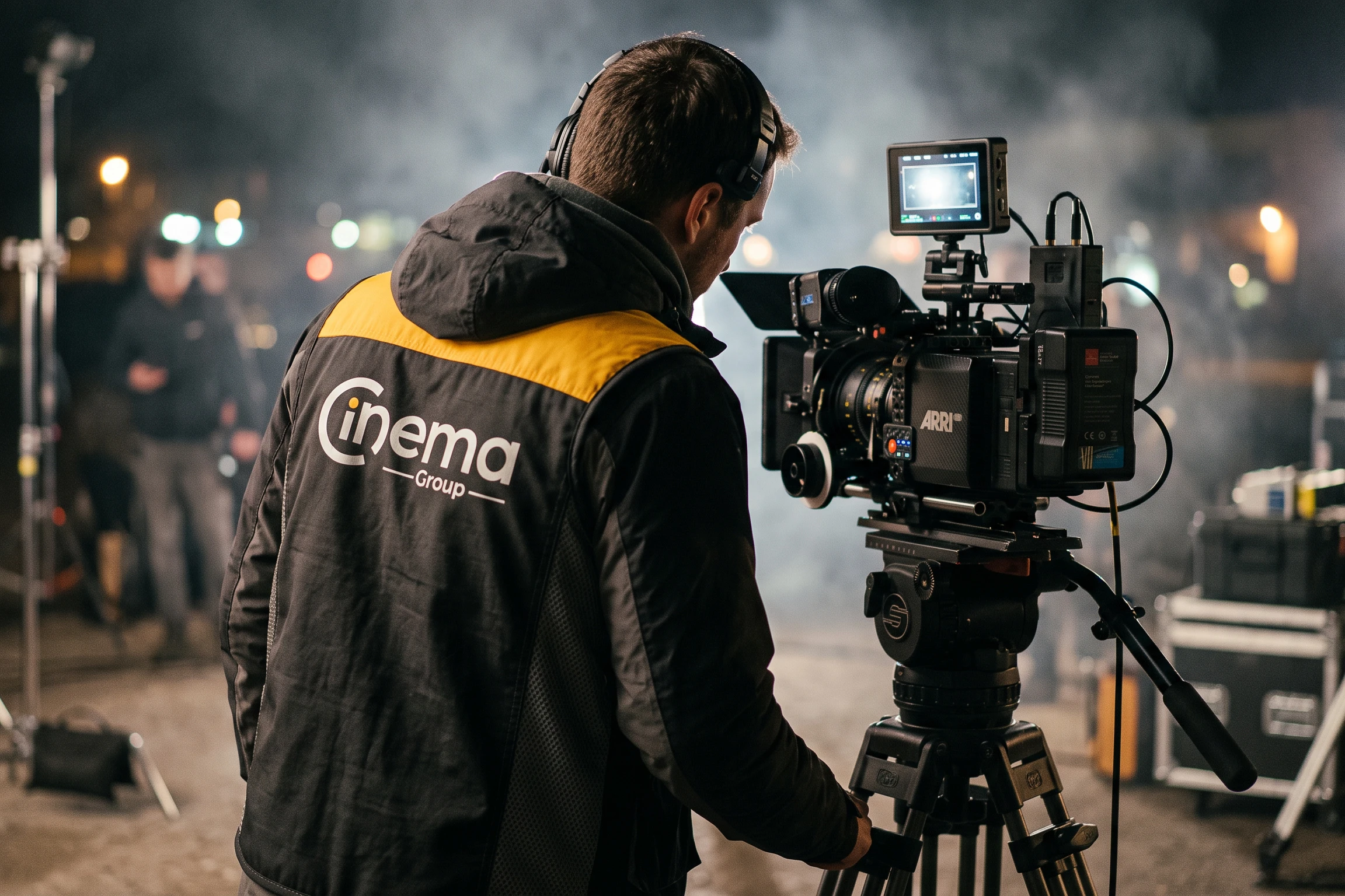 A camera operator at a night shoot, seen from behind in a black jacket with a yellow yoke and the logo in white.