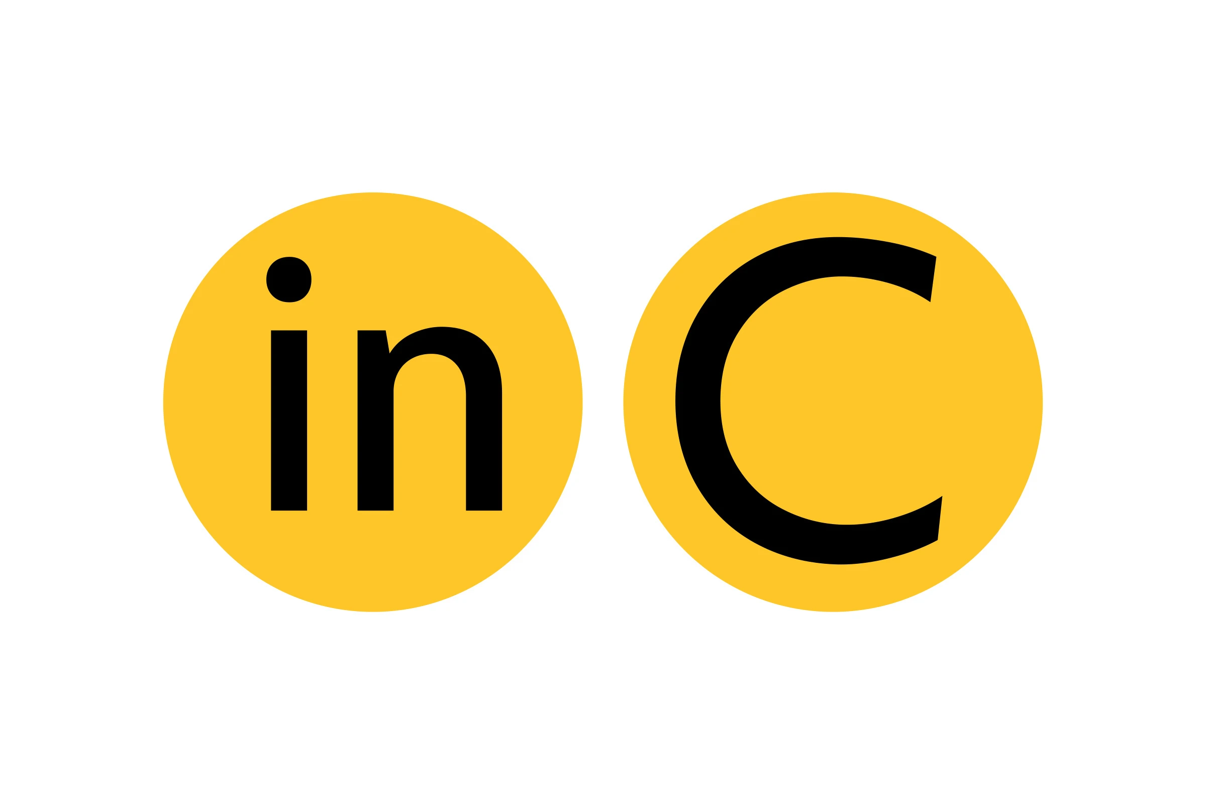 Two yellow discs on white, one with the letters in, one with a black C.