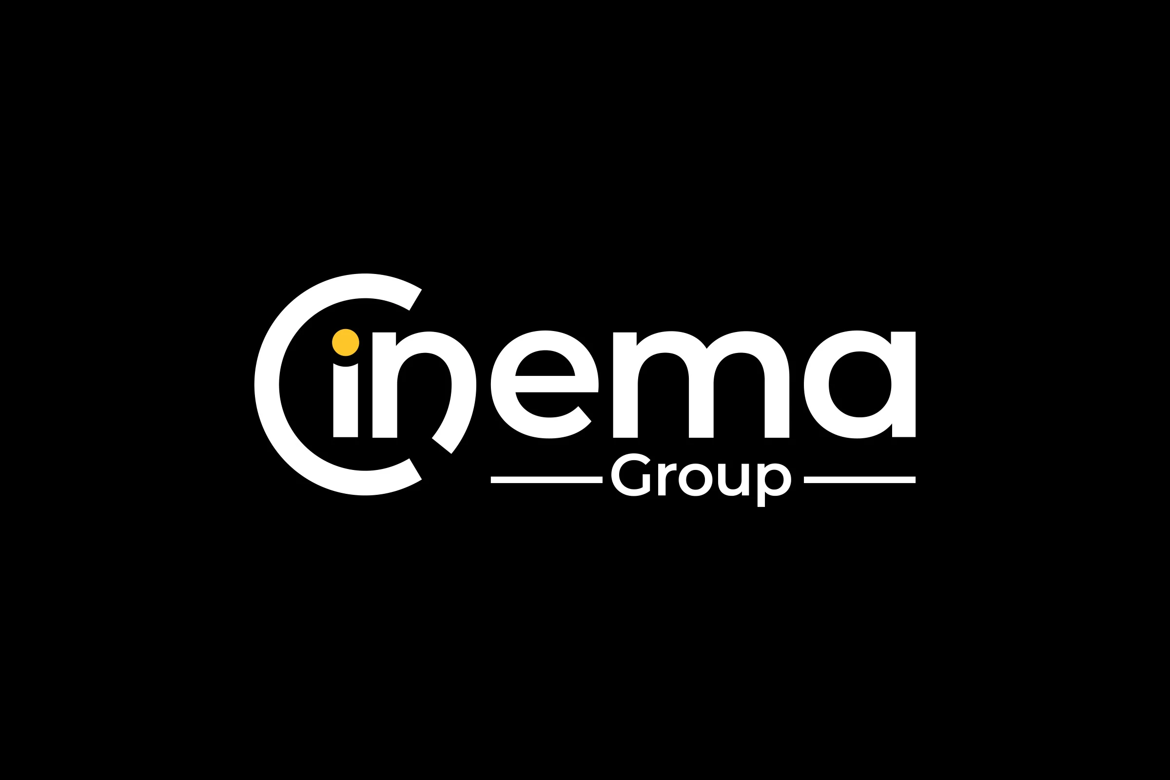 The wordmark in white on black: the C of Cinema wraps round in, with a yellow dot over the i, and Group sits between two rules.