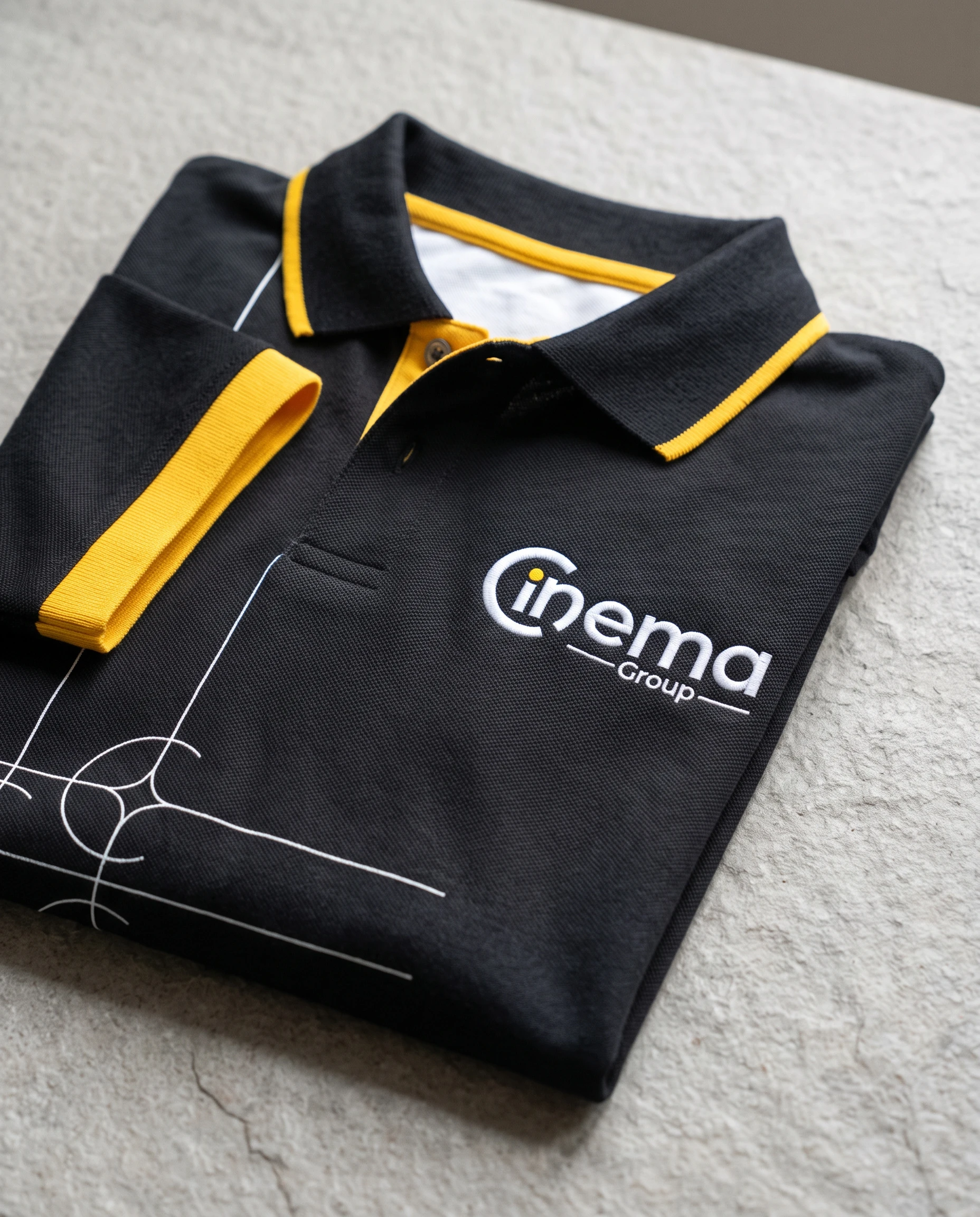A folded black polo with yellow tipping on the collar and sleeve, the logo embroidered in white and hairline figures down the front.