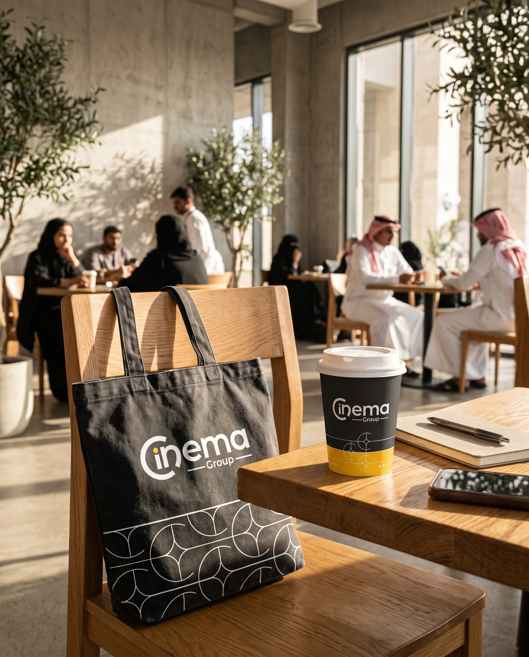A black tote with the logo and the pattern hanging on a café chair, beside a black and yellow paper cup with the logo.