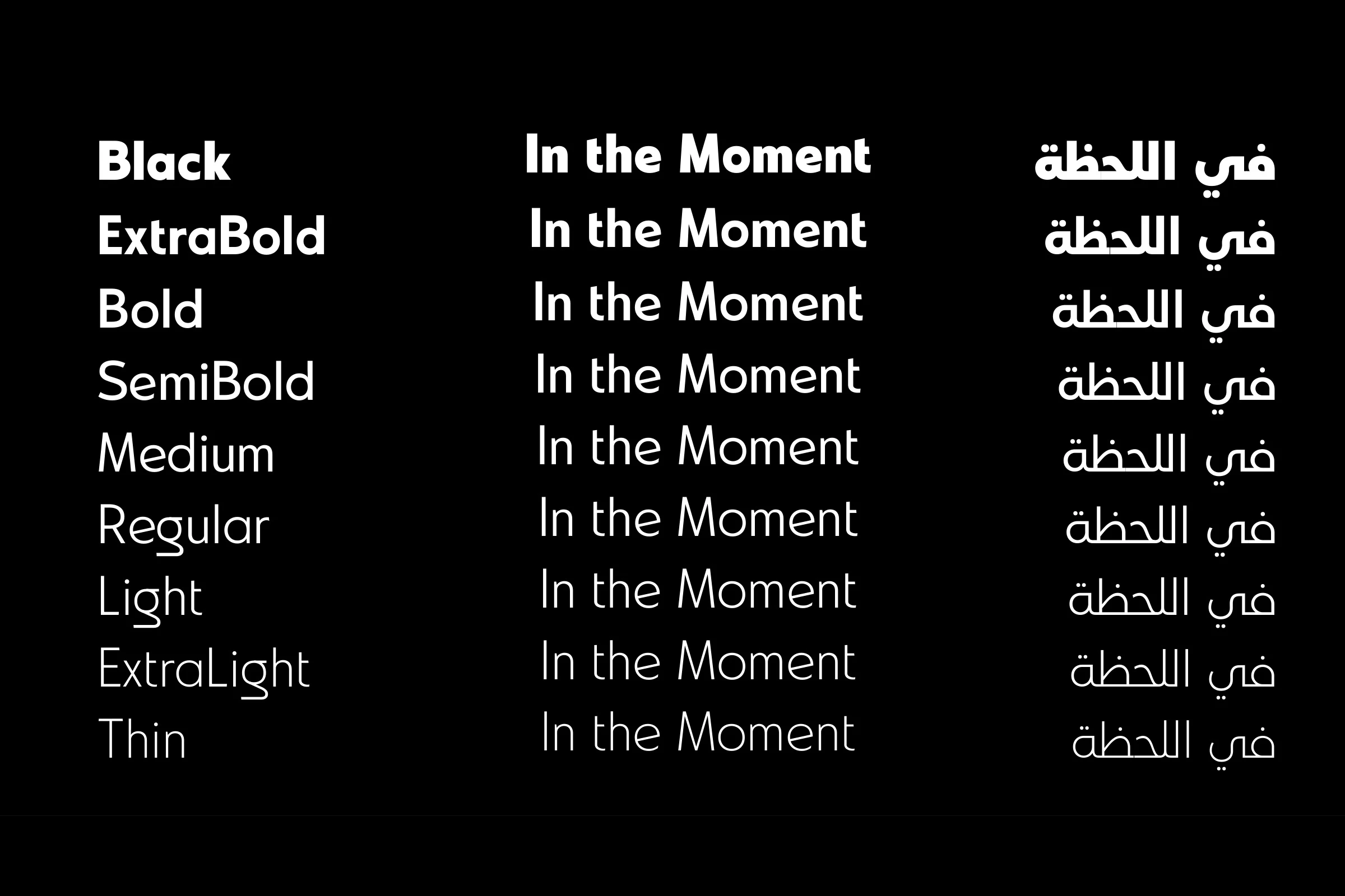 TC Postman from Black to Thin: the weight names, In the Moment and في اللحظة in white on black.