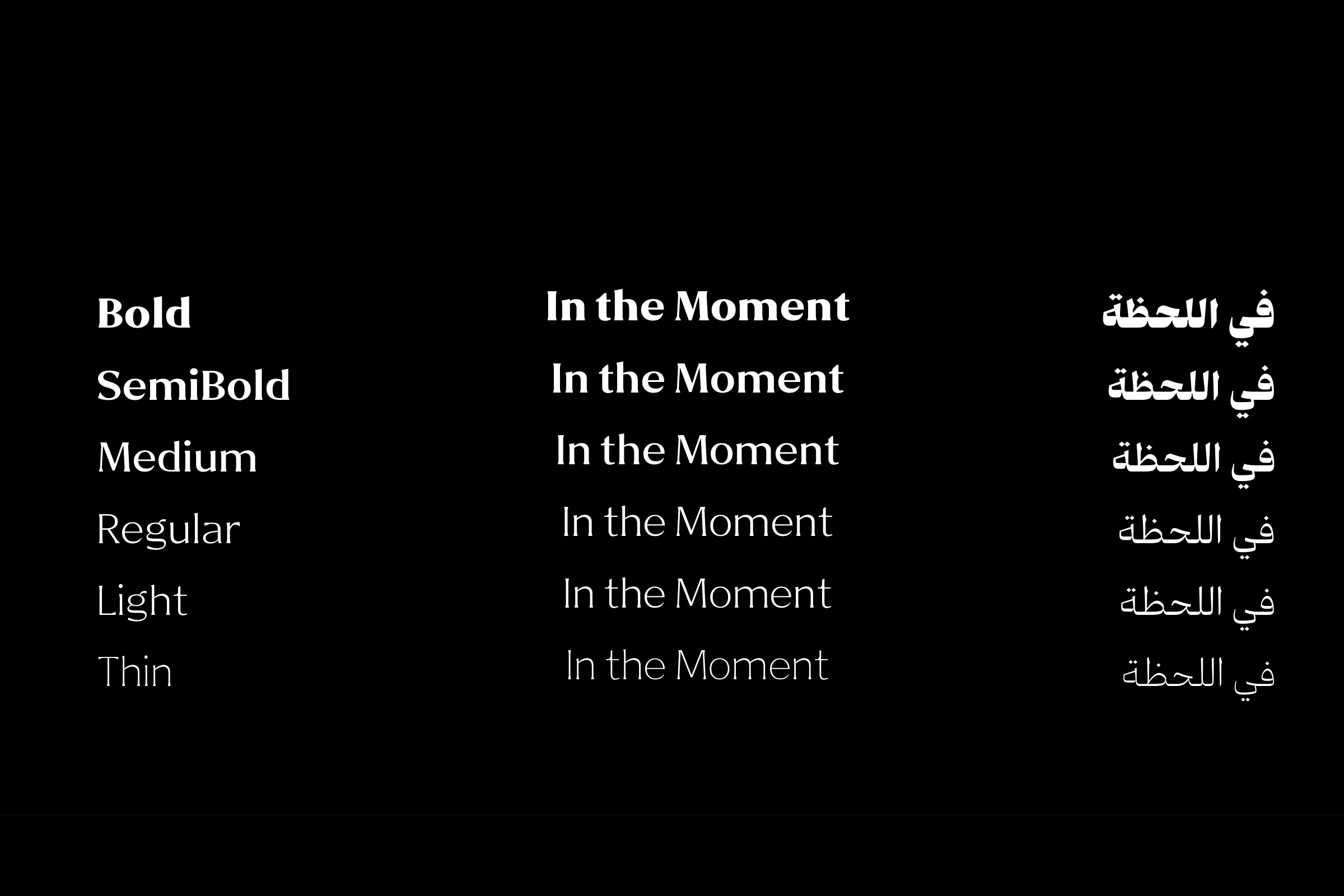 MF Sadu from Bold to Thin: the weight names, In the Moment and في اللحظة in white on black.