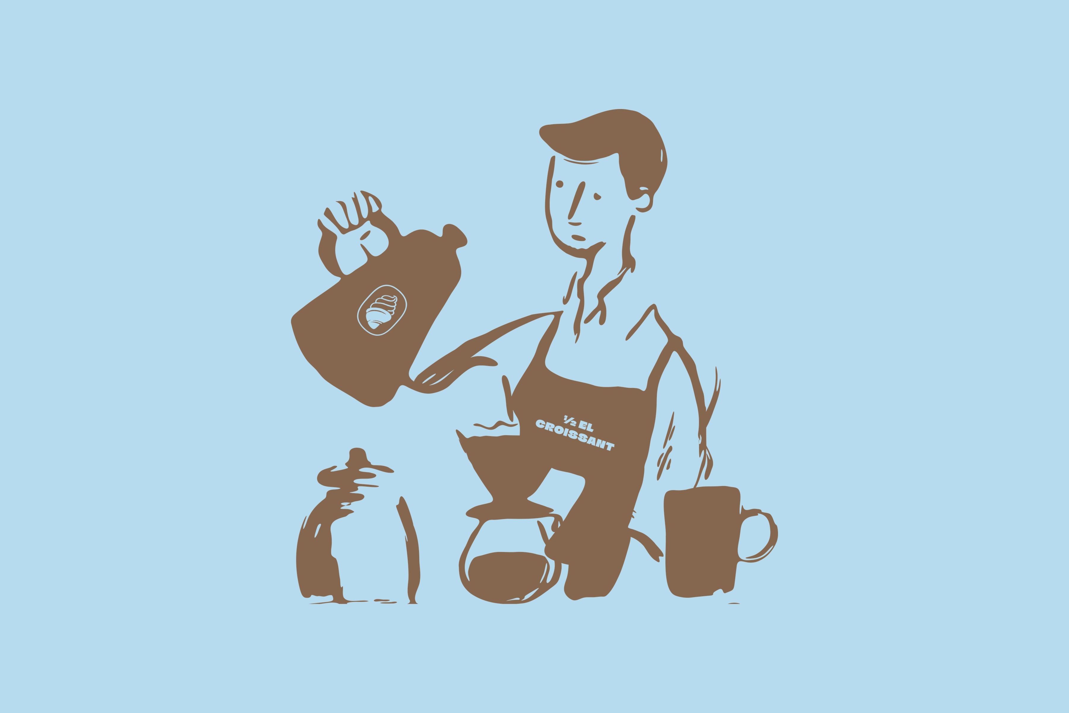 Illustration in brown on baby blue: a barista in a ½ El Croissant apron pouring from a kettle into a V60 dripper, with a coffee jar and a mug beside him.