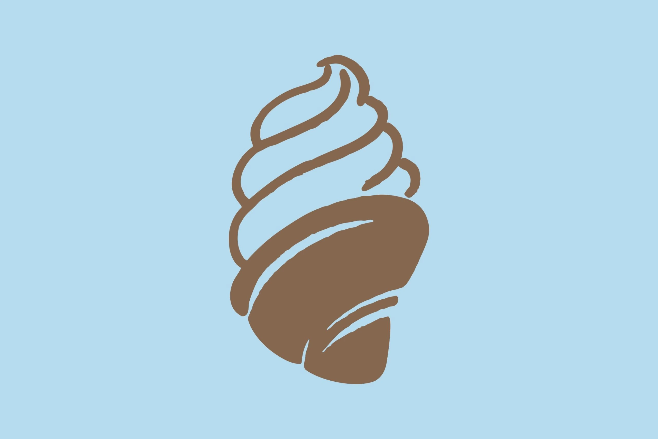 The emblem in brown on baby blue: a swirl of soft serve sitting in a croissant.