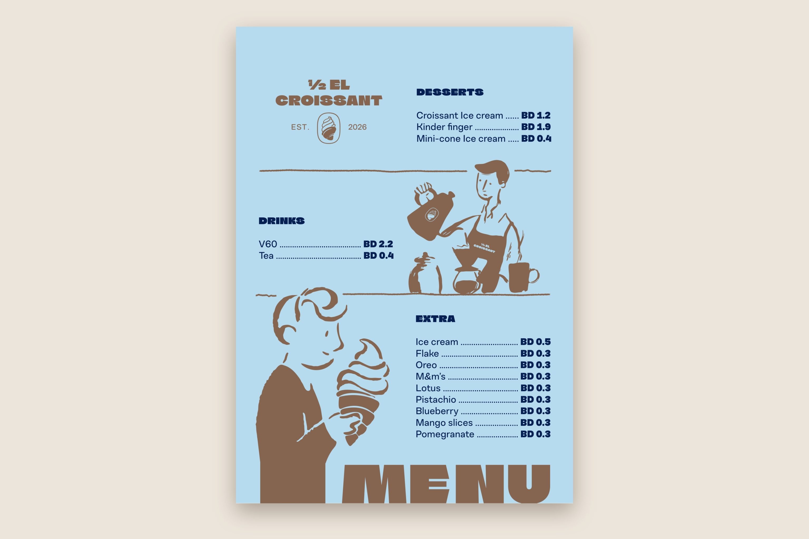 The A5 menu in baby blue: desserts, drinks and extras with prices in Bahraini dinars, the barista and the boy drawn beside the lists, and MENU in large brown letters at the foot.
