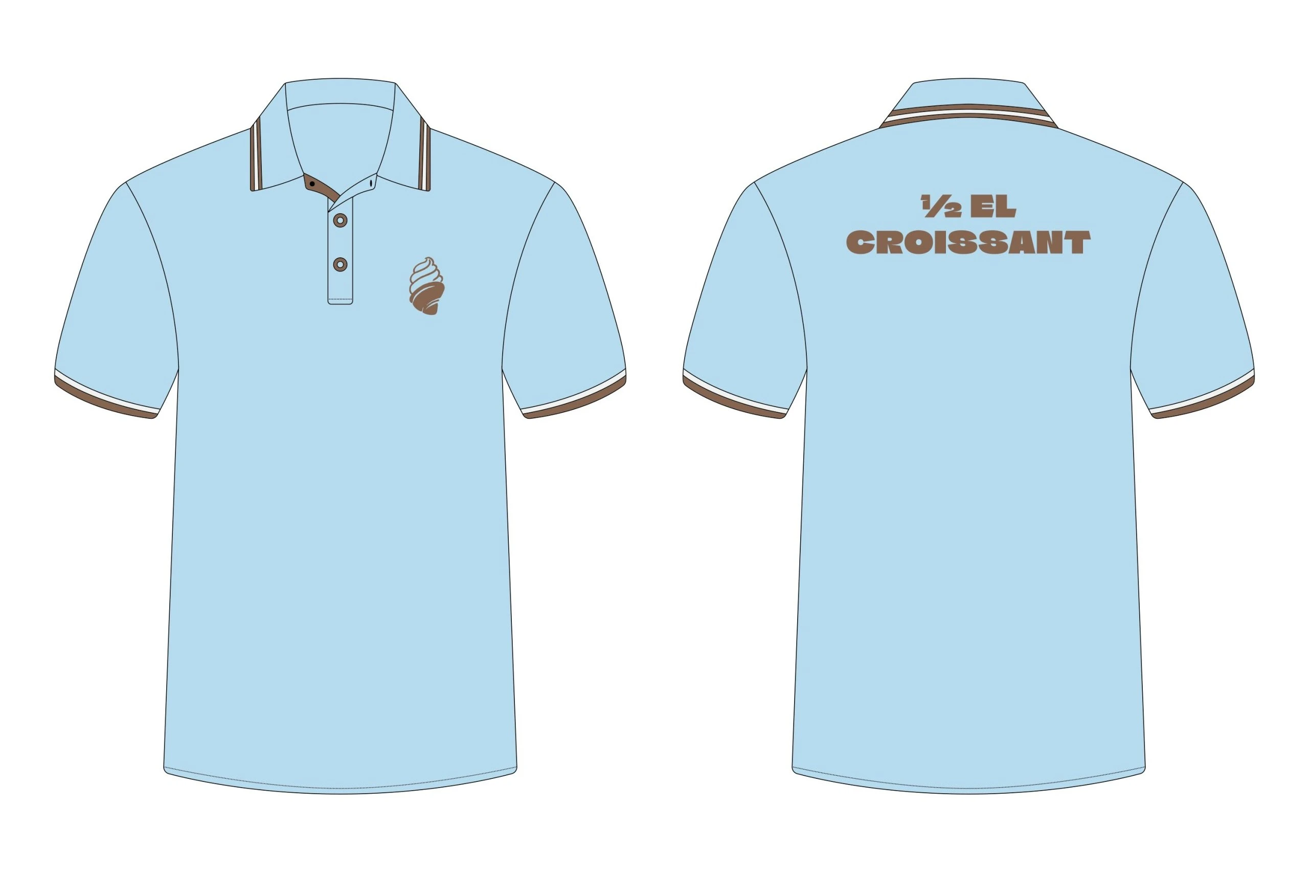 A baby-blue polo shirt with brown tipping, front and back: the emblem on the chest and ½ EL CROISSANT across the back.