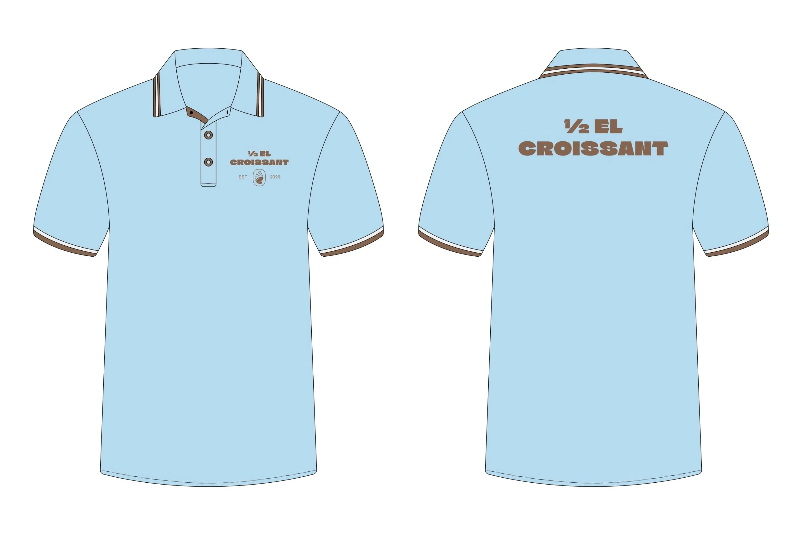 The same polo shirt with the full logo on the chest and ½ EL CROISSANT across the back.