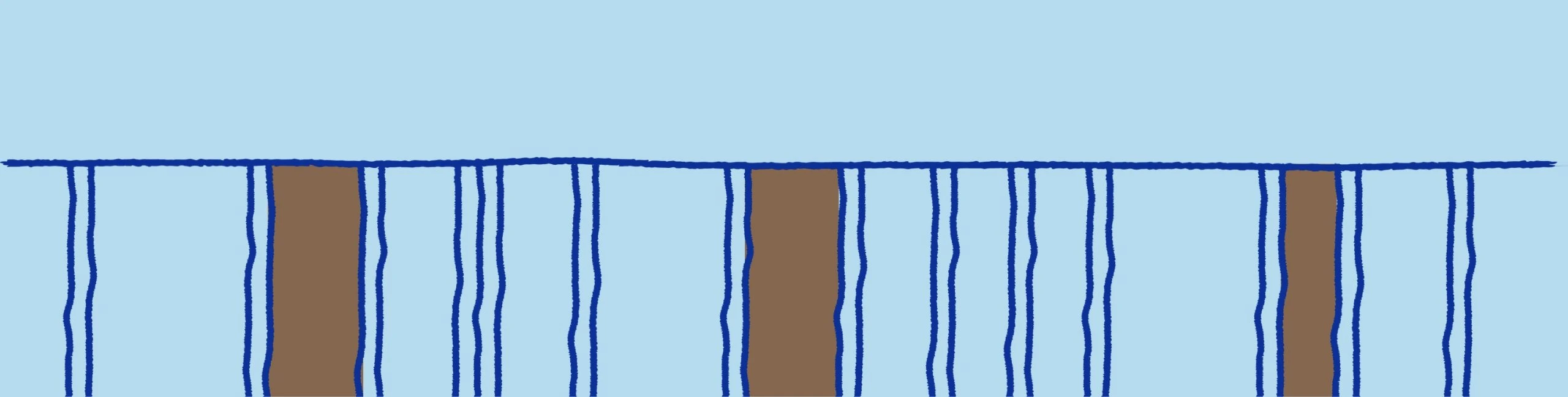 A band of hand-drawn stripes on baby blue: thin navy lines in pairs and three wide brown bars, hanging from a navy rule.