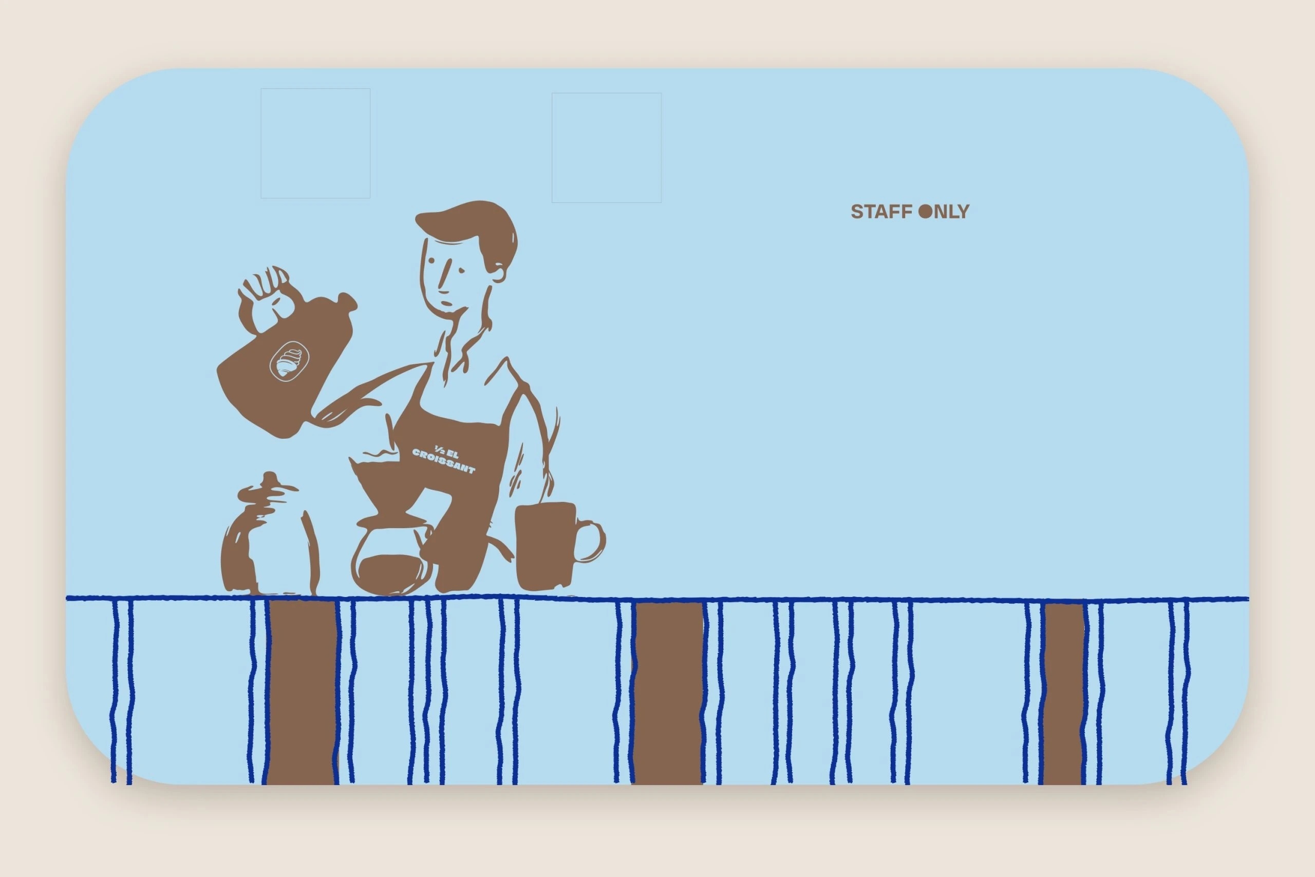 The other side of the truck, flat: the barista at work, STAFF ONLY by the door and the striped band along the bottom.