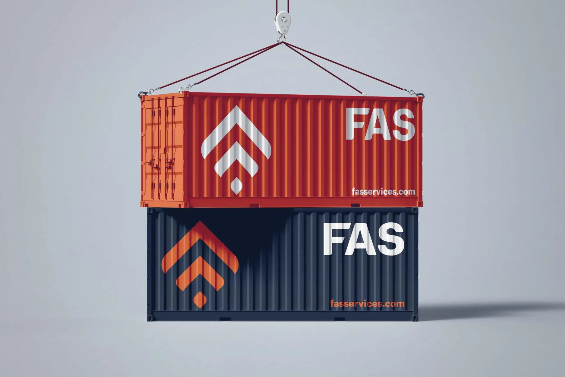 Two stacked shipping containers, orange over navy, hanging from a crane hook; each carries the mark, FAS in large letters and a web address.