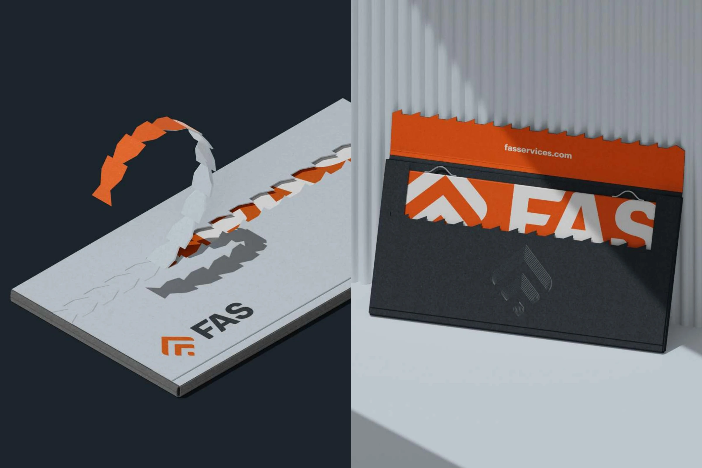 Crafted envelopes: a pale grey envelope whose zigzag tear strip reveals orange and white beneath, and a black sleeve with an orange tear strip and embossed mark, holding an insert with the logo.
