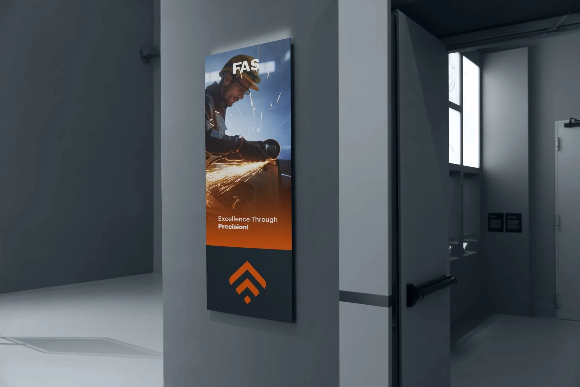An indoor poster on a grey wall beside an open door: FAS over a worker grinding metal in a shower of sparks, the line Excellence Through Precision, and the orange mark below.