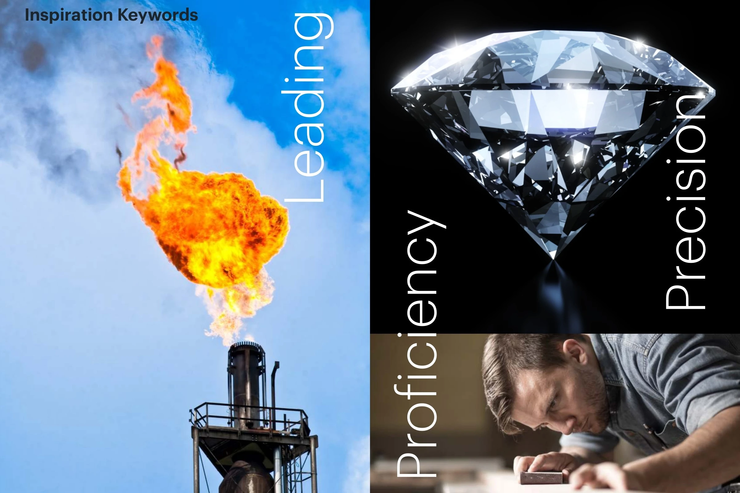 Inspiration board: a flame over an industrial stack, a cut diamond on black and a craftsman bent over his work, with Leading, Precision and Proficiency set vertically in white.