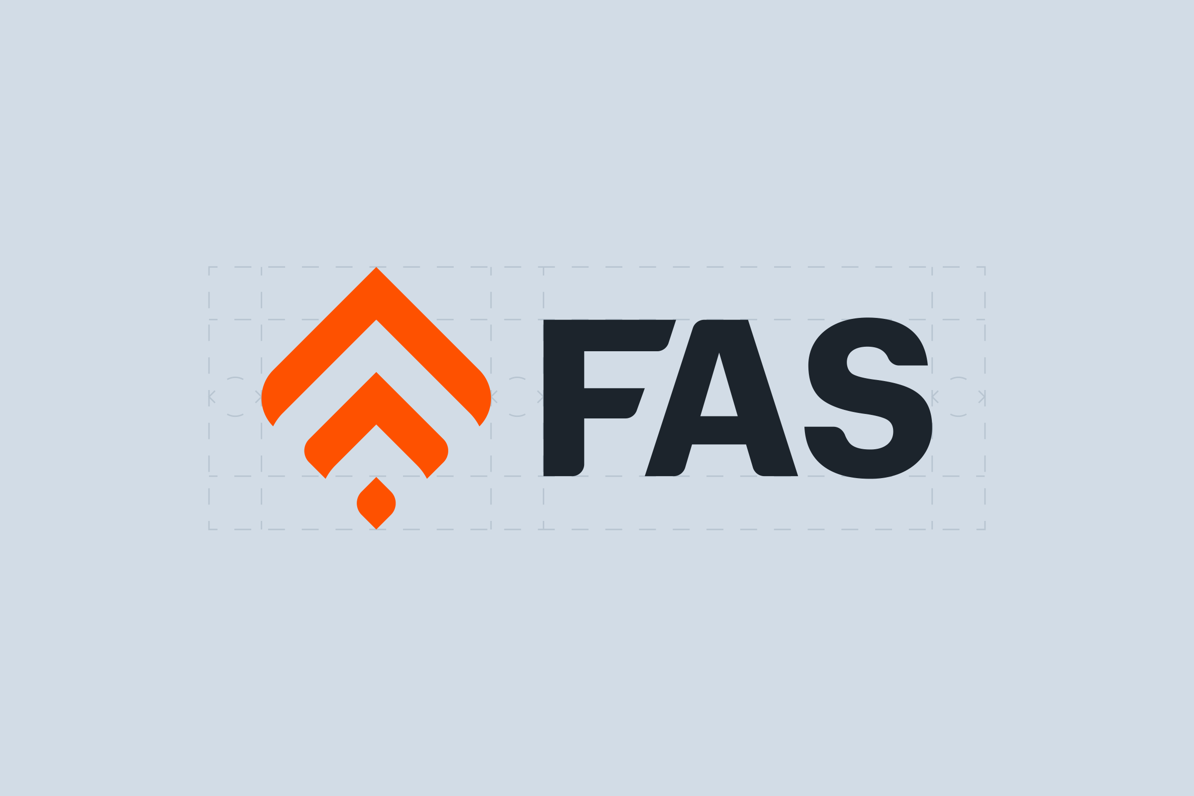 The FAS logo on a dashed construction grid: the orange mark beside FAS in bold dark capitals, on pale blue-grey.