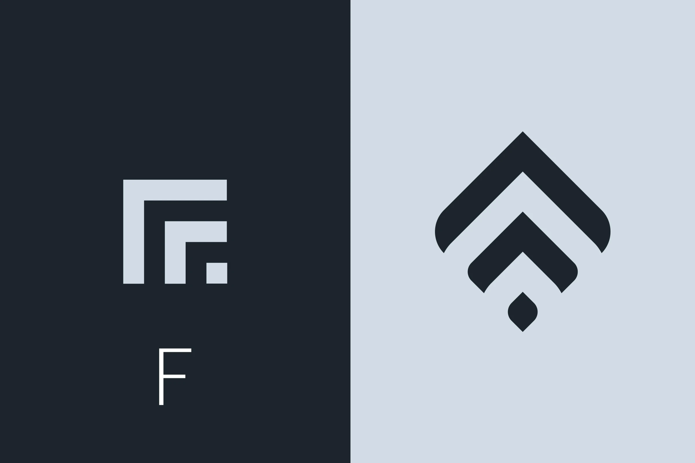 Logo construction: on dark slate, a stepped F of two nested corners and a square above a thin letter F; on pale blue-grey, the same shapes turned into two chevrons and a diamond.