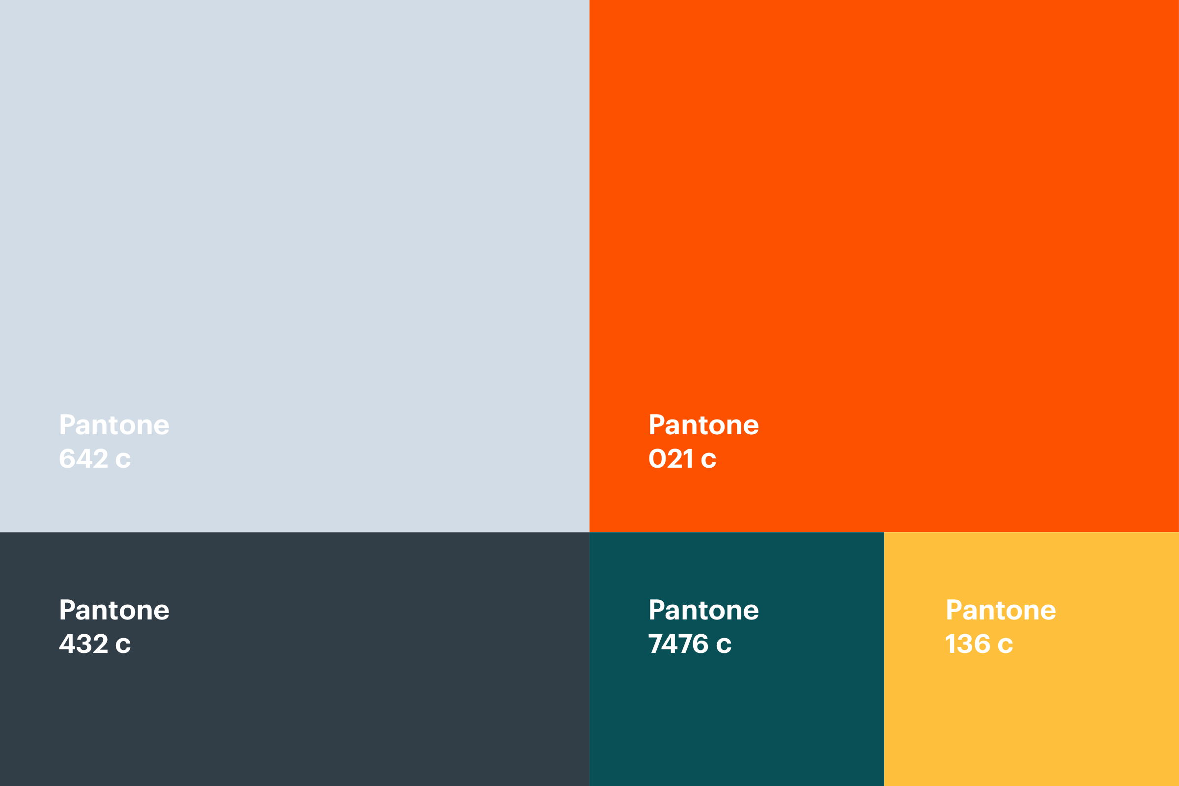Colour palette: blocks of Pantone 642 c pale blue-grey, 021 c orange and 432 c slate, with smaller blocks of 7476 c teal and 136 c yellow.