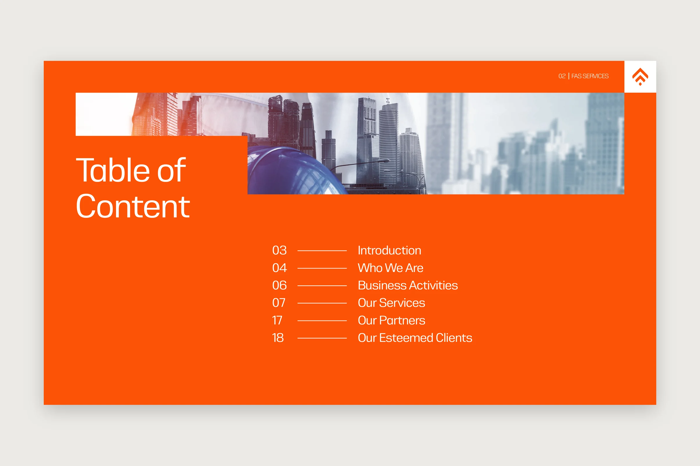 The contents page in orange: Table of Content in white beside a strip photograph of a blue hard hat and city towers, with six numbered sections listed below.