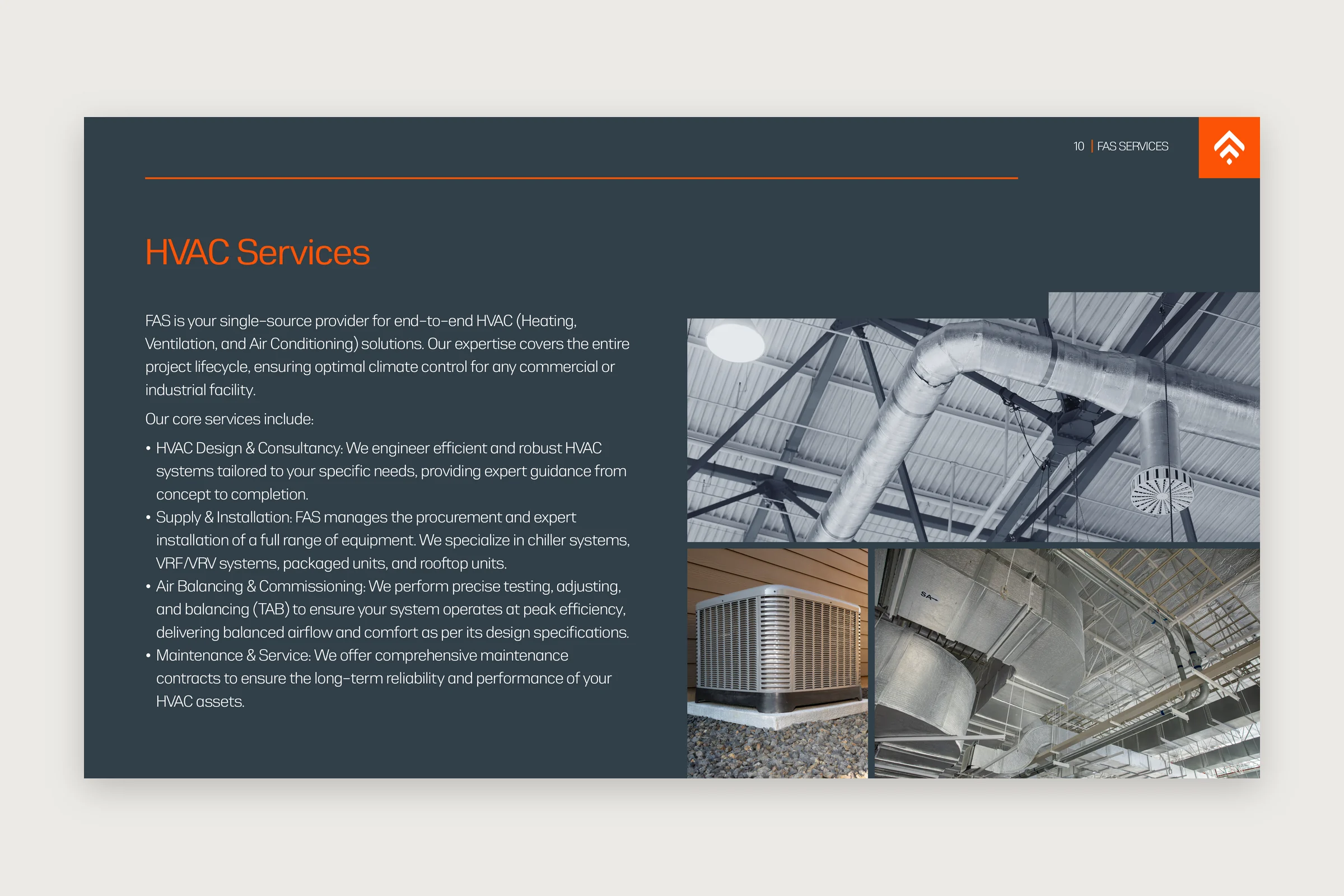 The HVAC page on slate: text with four bullet points on the left, and three photographs of ductwork and an outdoor air-conditioning unit on the right.