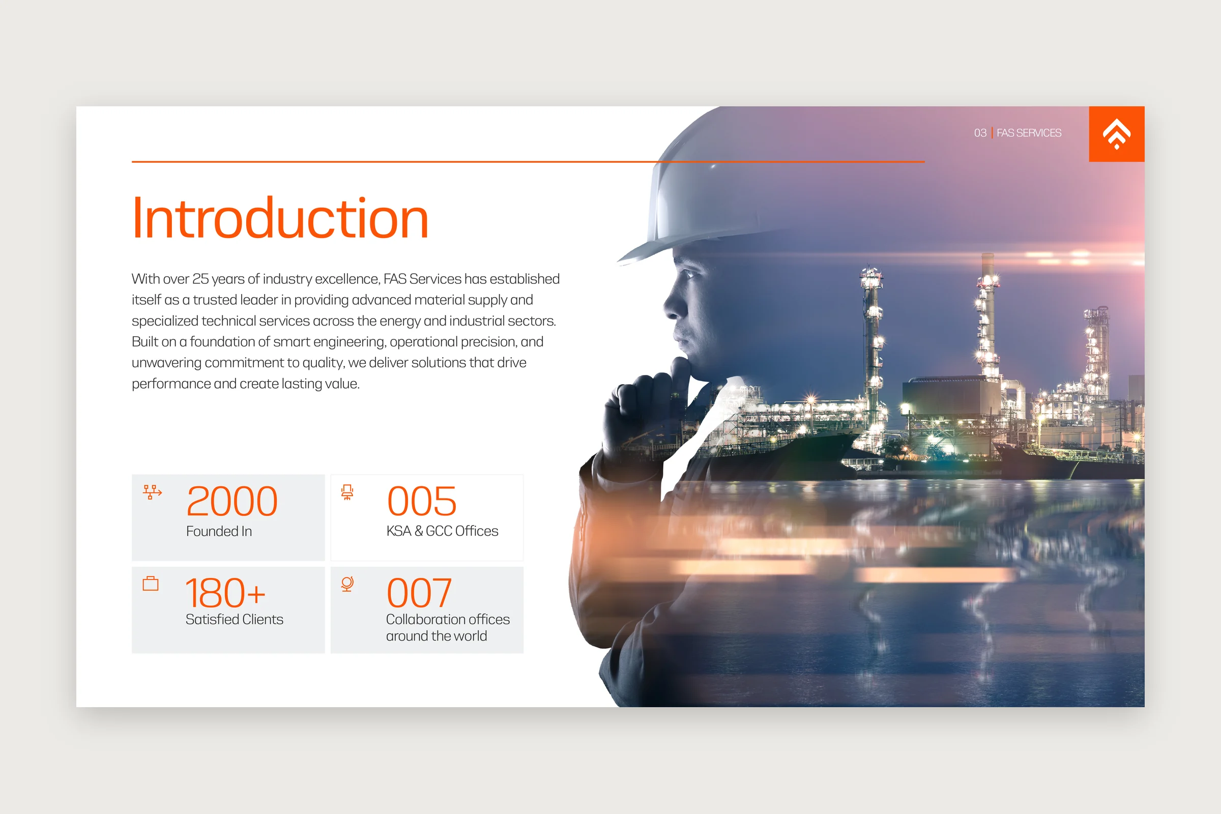 The introduction page: Introduction in orange over a short text and four grey panels with the figures 2000, 005, 180+ and 007, beside an engineer in a hard hat blended with a refinery lit at night.